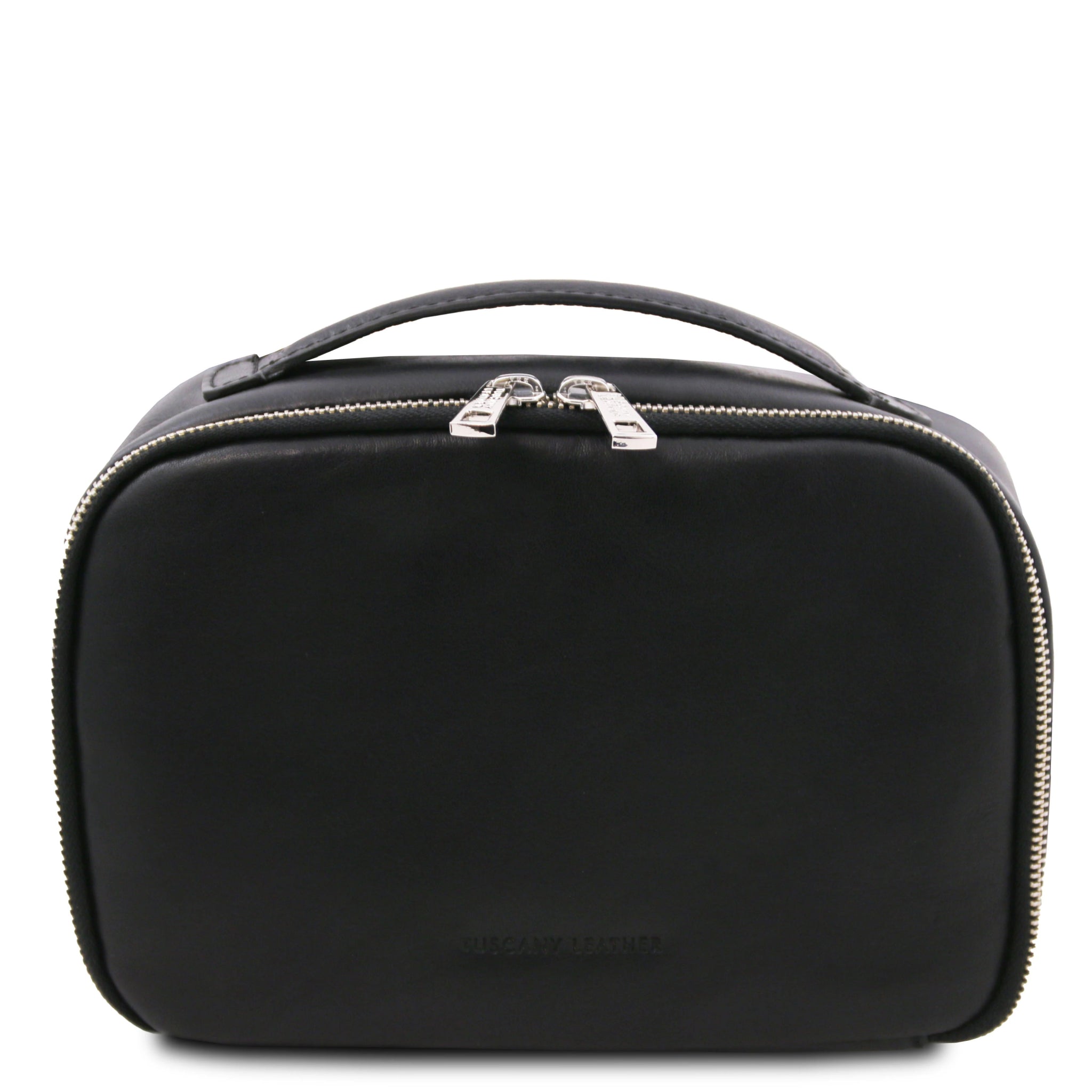 Front view Marvin Italian Leather Toiletry Bag in Black on a white background