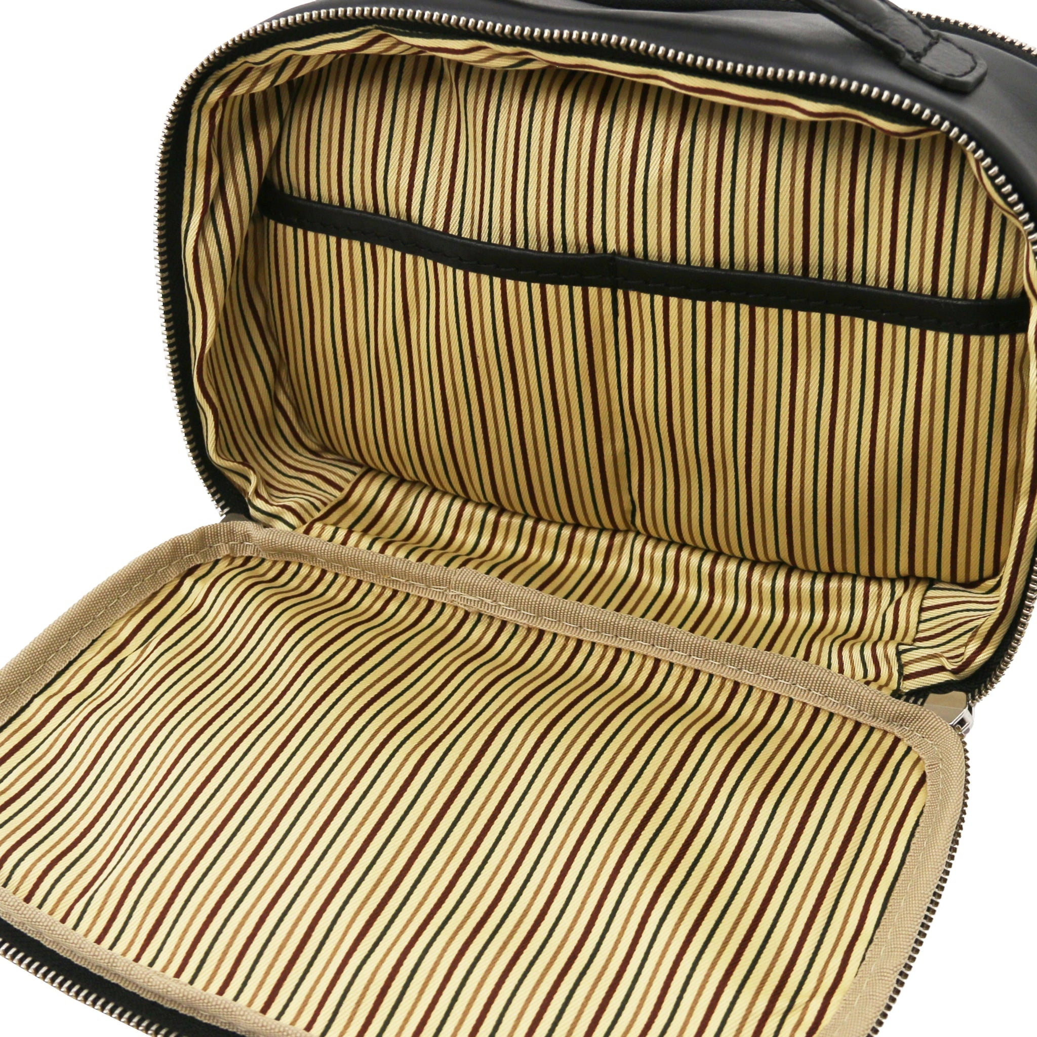 Interior view Marvin Italian Leather Toiletry Bag in Black showing vintage striped ticking lining and large opened pocket