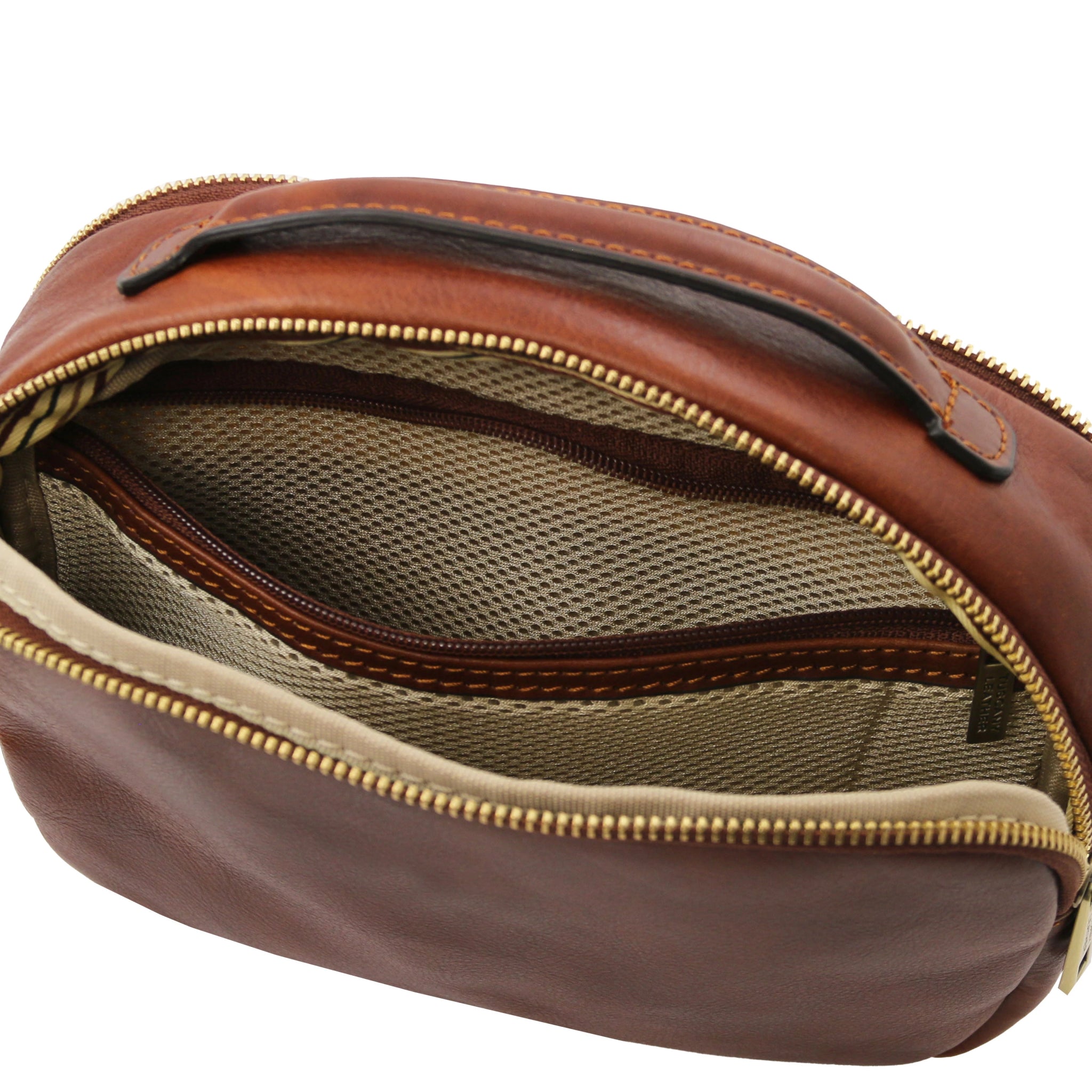 Interior view Marvin Italian Leather Toiletry Bag in Brown showing central zippered pocket and top handle
