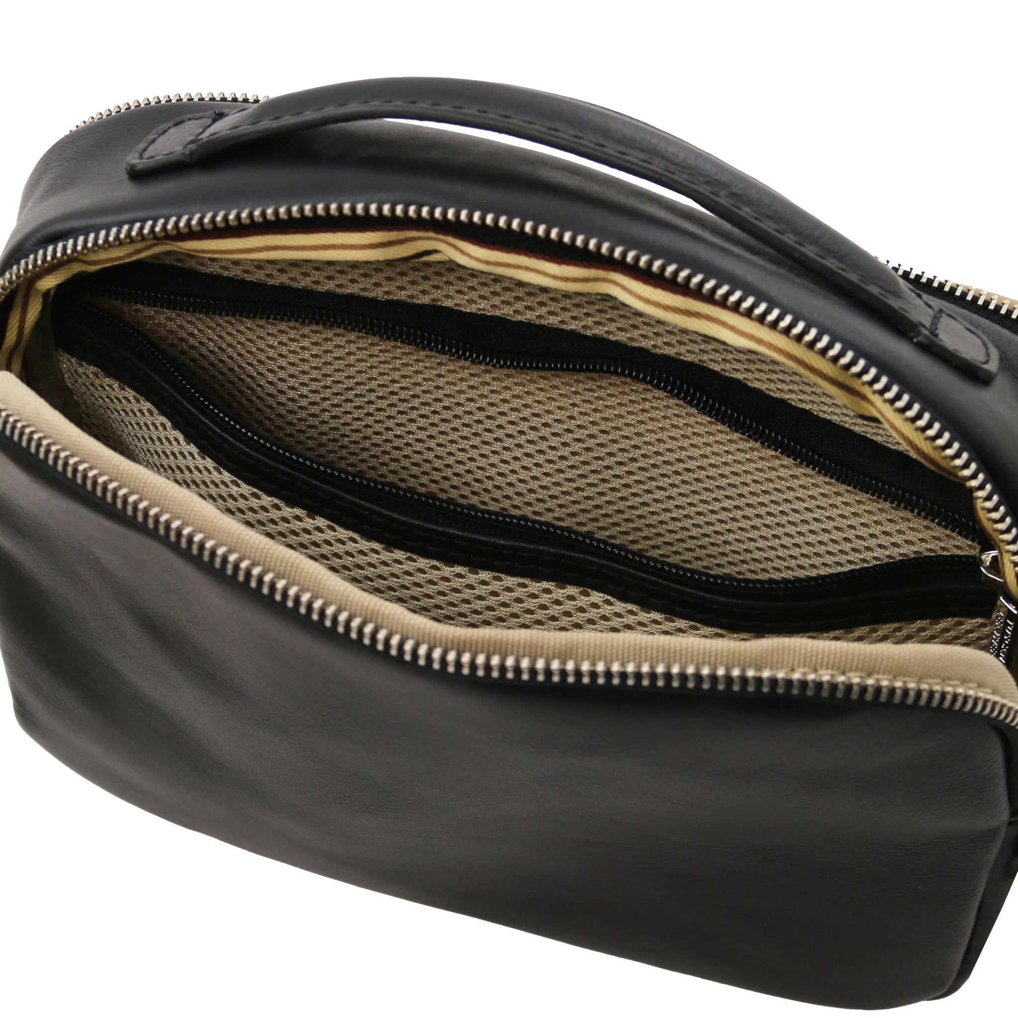 Interior view Marvin Italian Leather Toiletry Bag in Black showing central zippered pocket and top handle