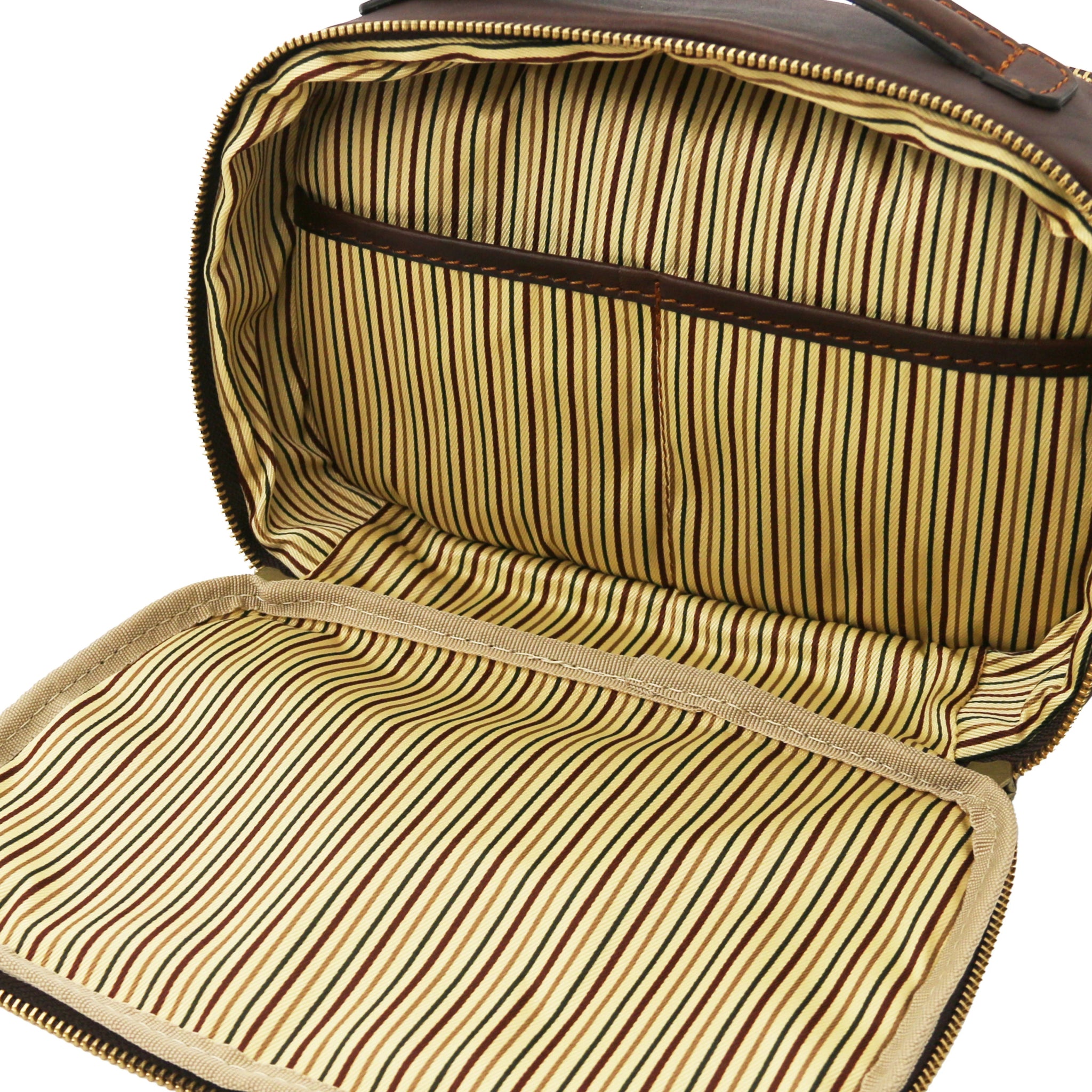 Interior view Marvin Italian Leather Toiletry Bag in Dark Brown showing vintage striped ticking lining and large opened pocket