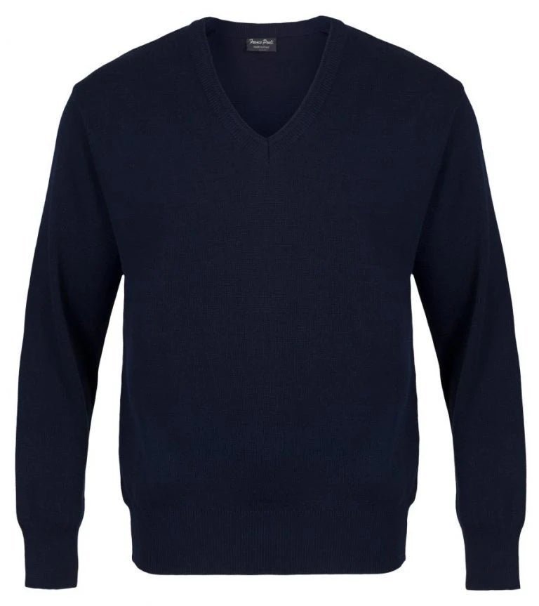 Front view Italian Extra Fine Merino Wool V-Neck in navy
