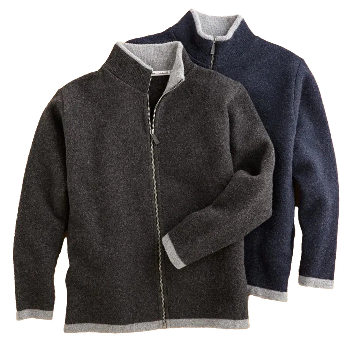 Men's Scottish Borders Felted Wool Cardigan in Navy and Charcoal laying on a white background - L'Atelier Global