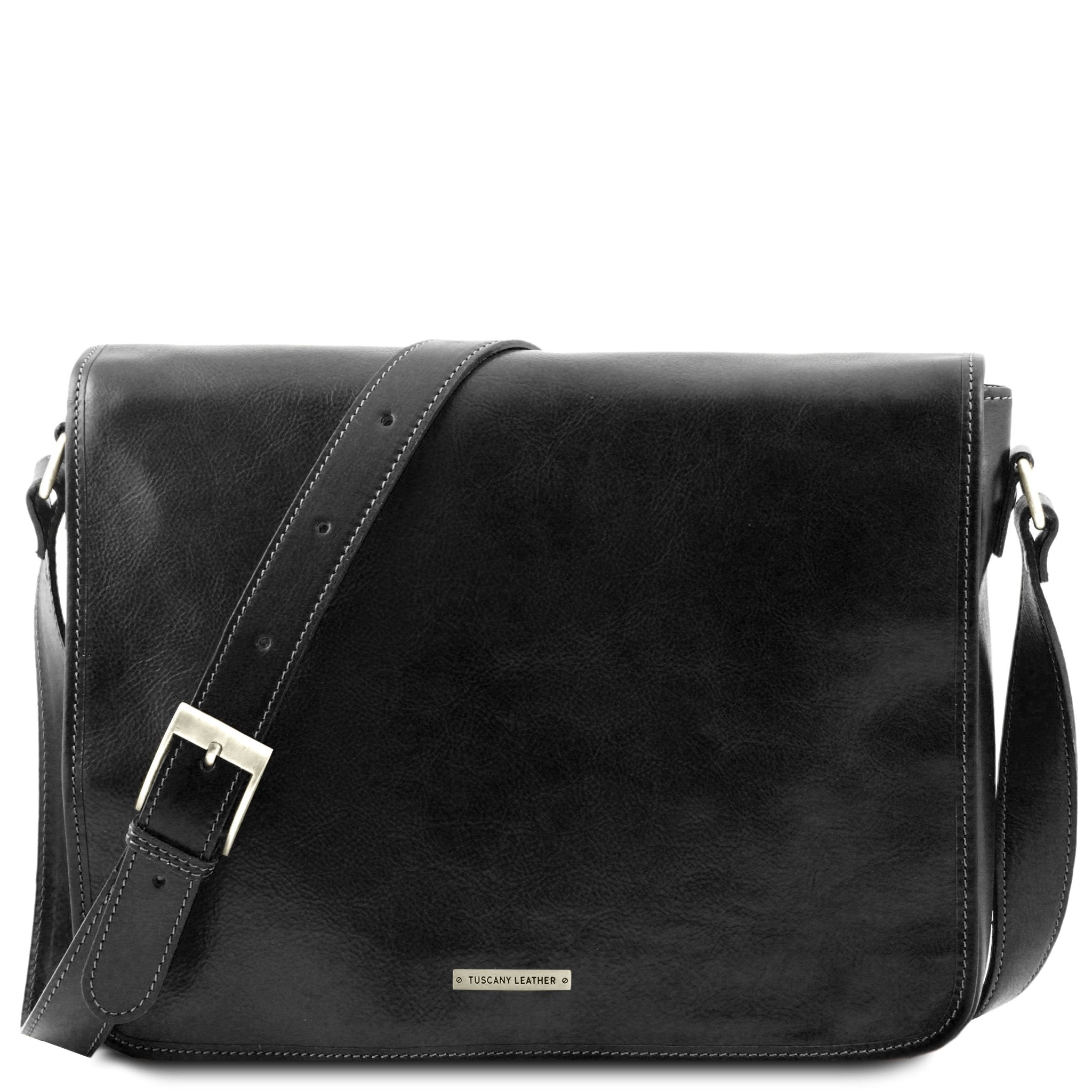 Front View Messenger Double Freestyle Leather Bag in Black with silver tone hardware on a white background