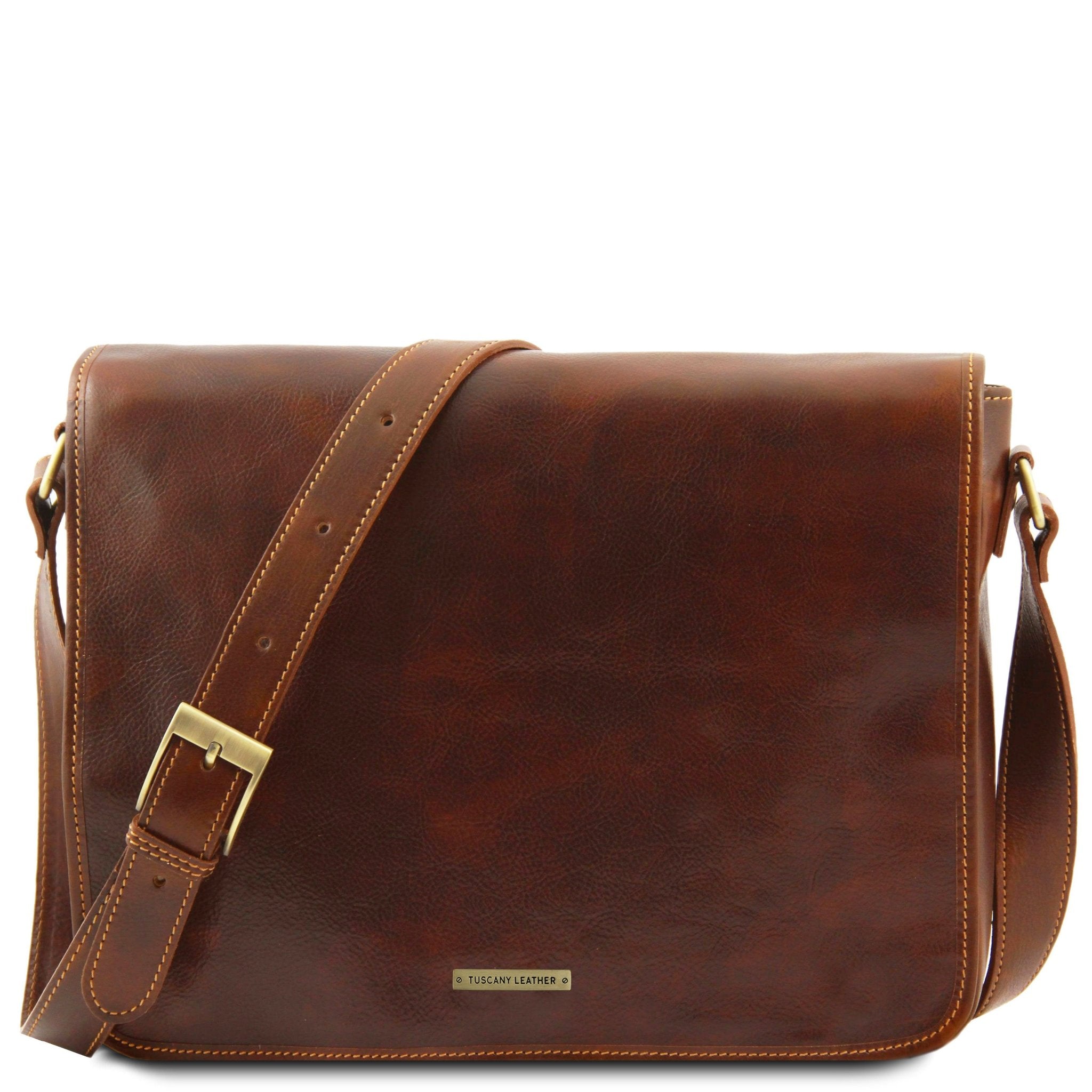 Front View Messenger Double Freestyle Leather Bag in Brown with brushed gold tone hardware on a white background