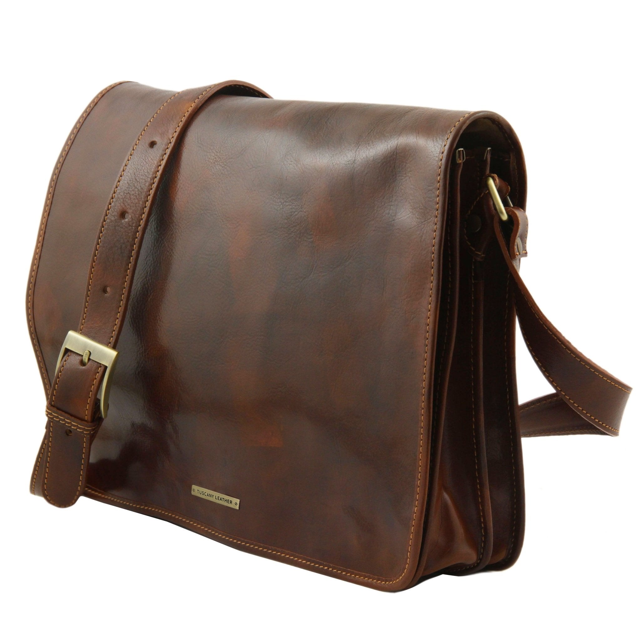 Messenger Double Freestyle Leather Bag in Brown, Side View with Shoulder Strap, on a white background