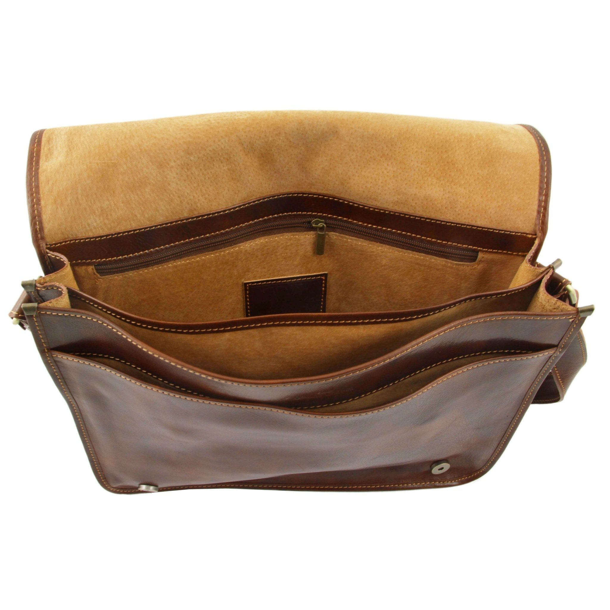 Messenger Double Freestyle Leather Bag in Brown, Interior View, showing soft lining and interior pockets