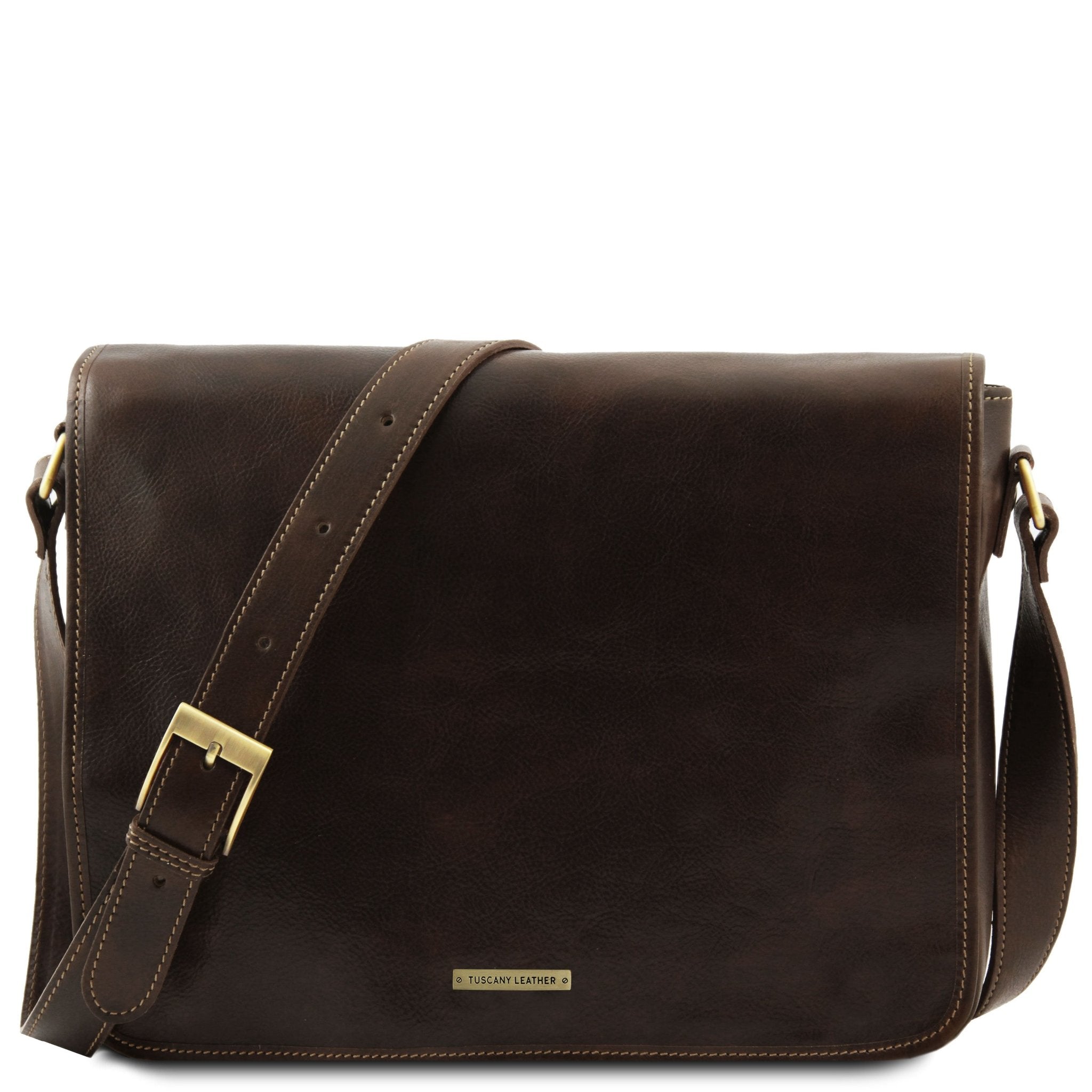 Front View Messenger Double Freestyle Leather Bag in Dark Brown with brushed gold tone hardware on a white background