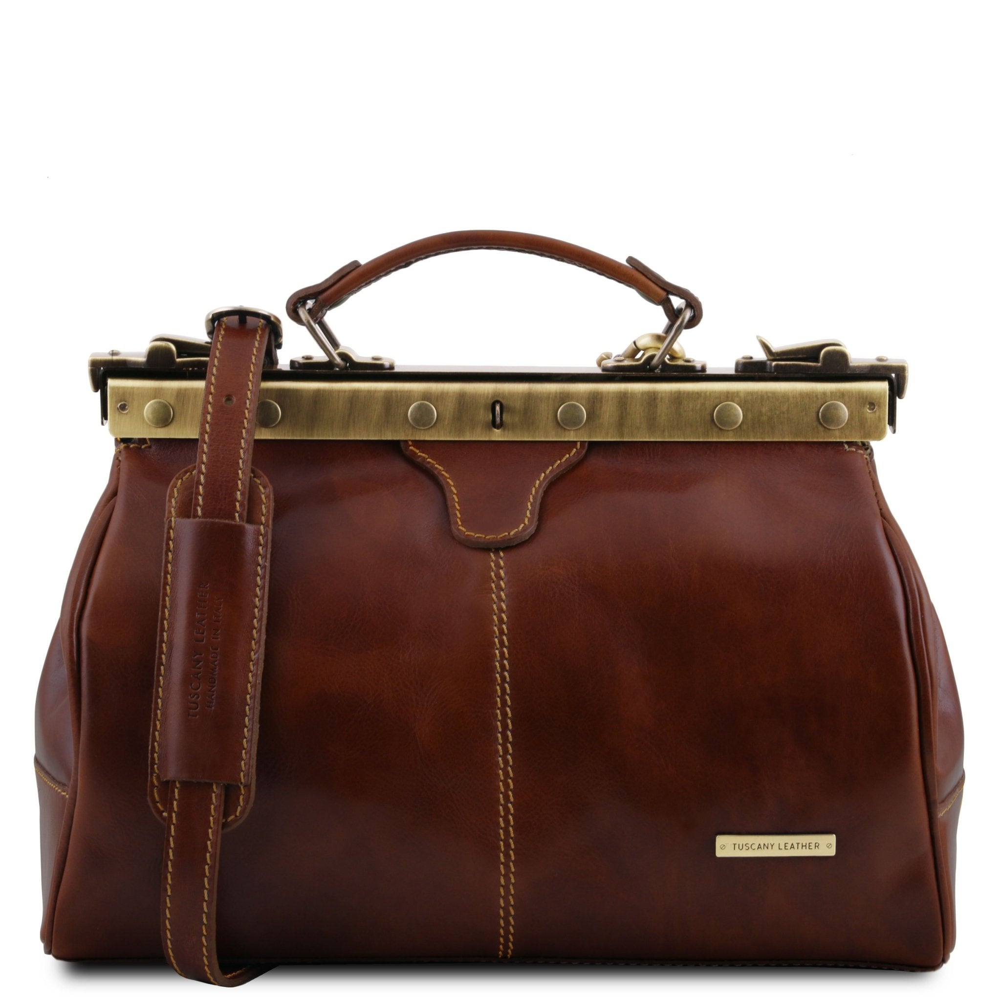 Michelangelo Doctor Gladstone Leather Bag in Brown, Front View showing shoulder strap, on white background - L'Atelier Global