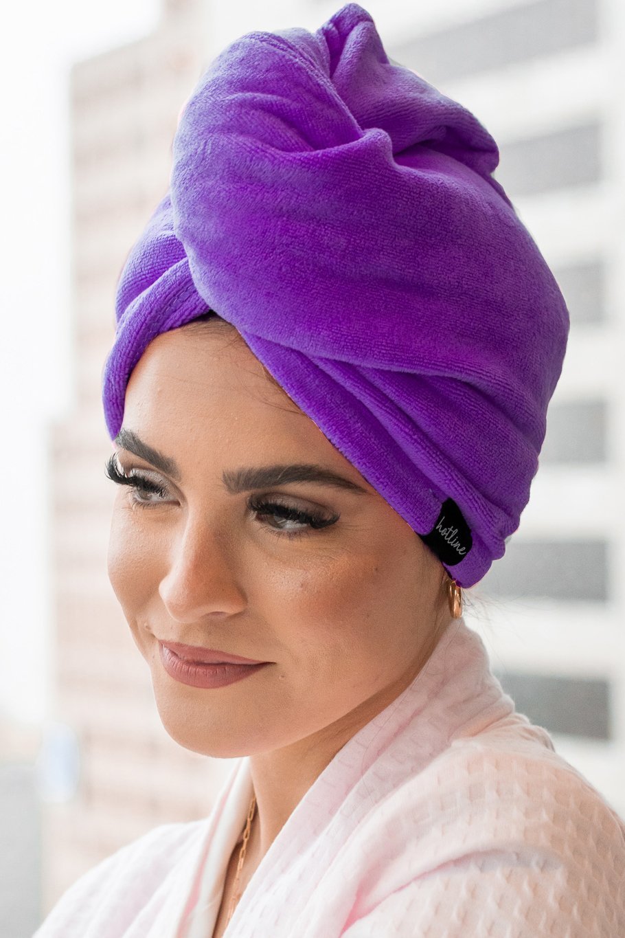 Microfiber Spa Day Twist Towel in purple on model - L'Atelier Global