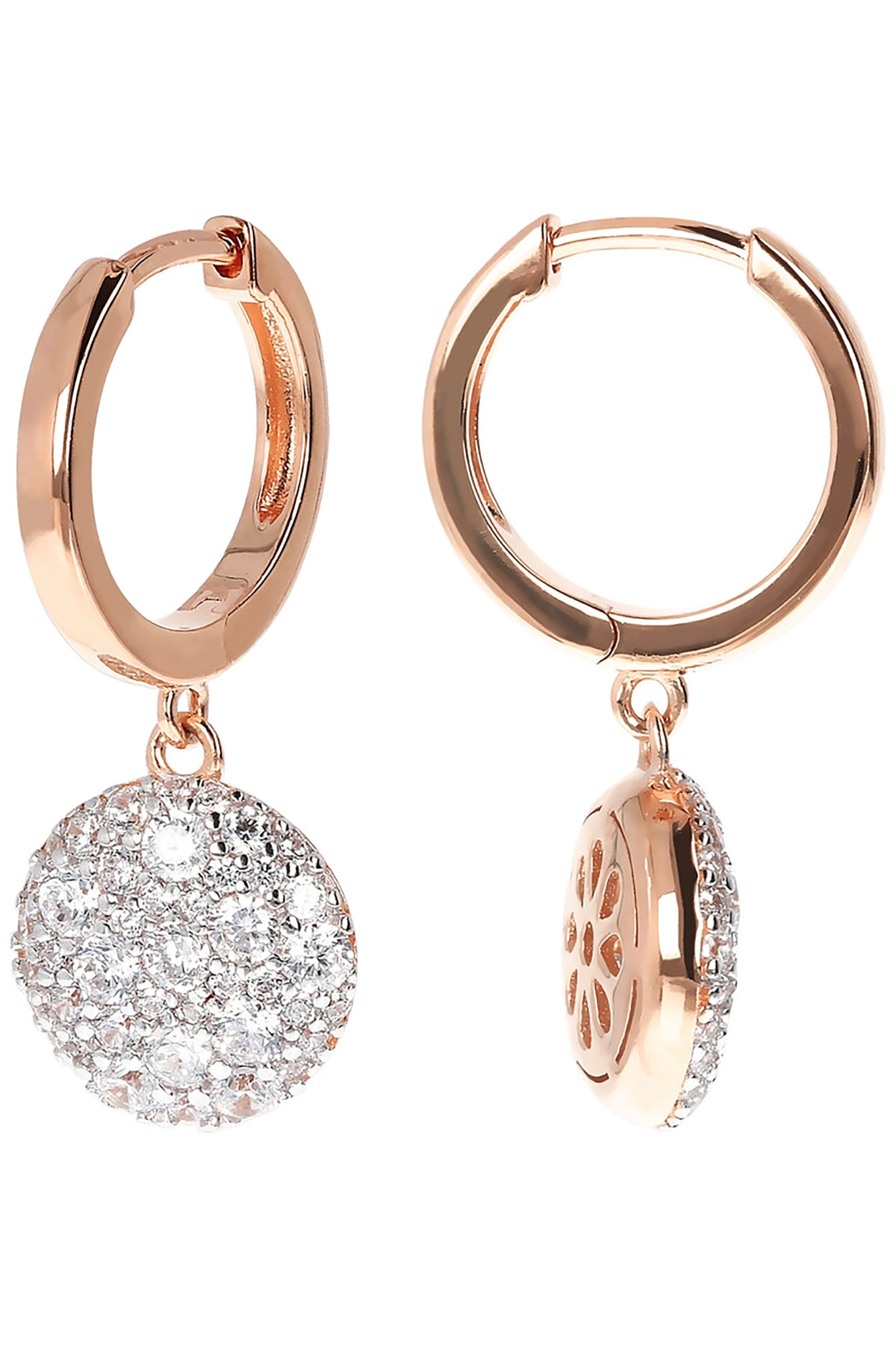 Milano Circle Golden Rosé Earrings with Pavé Pendant in Cubic Zirconia on a white background. One earring is sideways showing the rose gold decorative back.