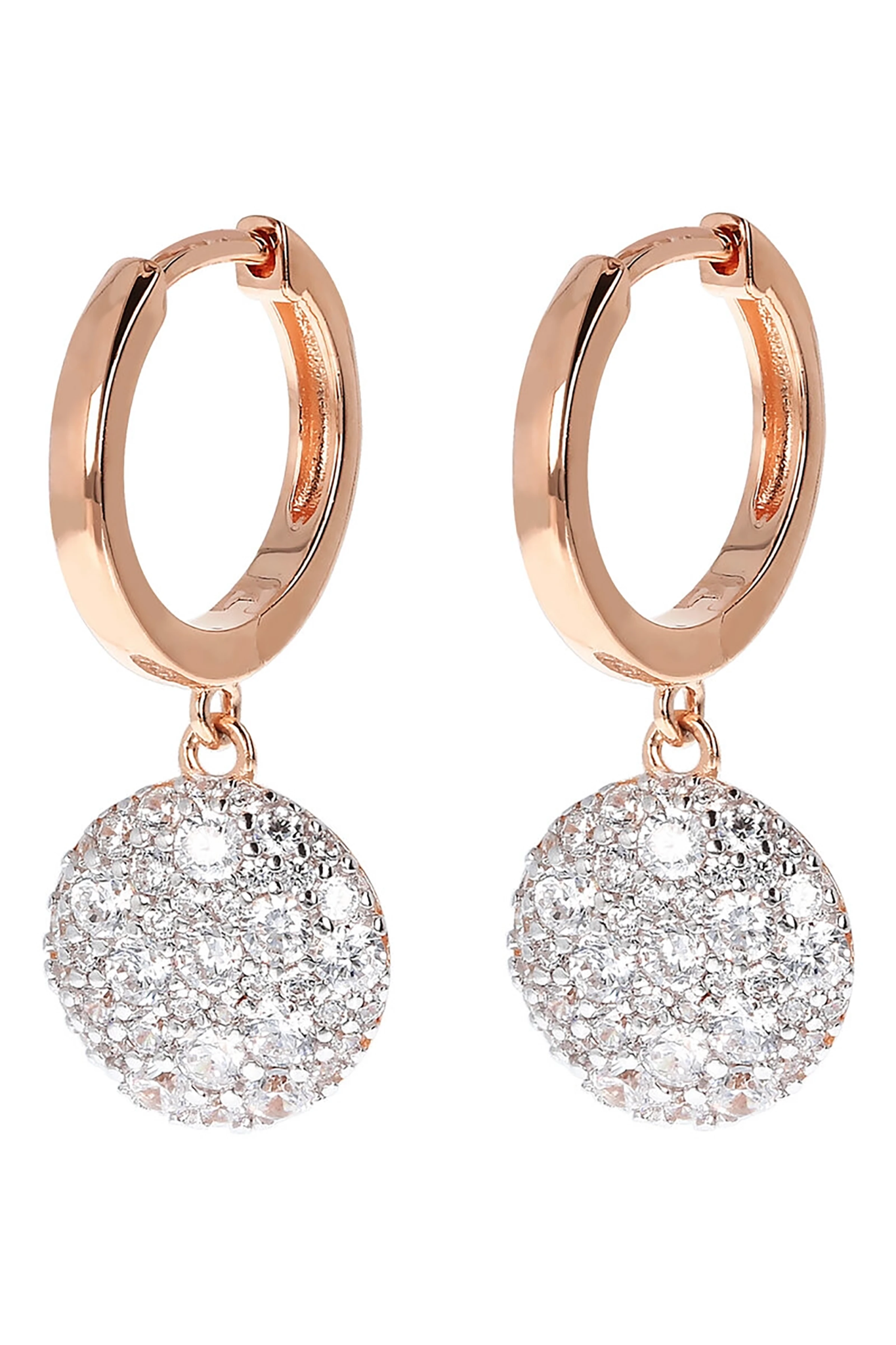 Milano Circle Golden Rosé Earrings with Pavé Pendant in Cubic Zirconia on a white background