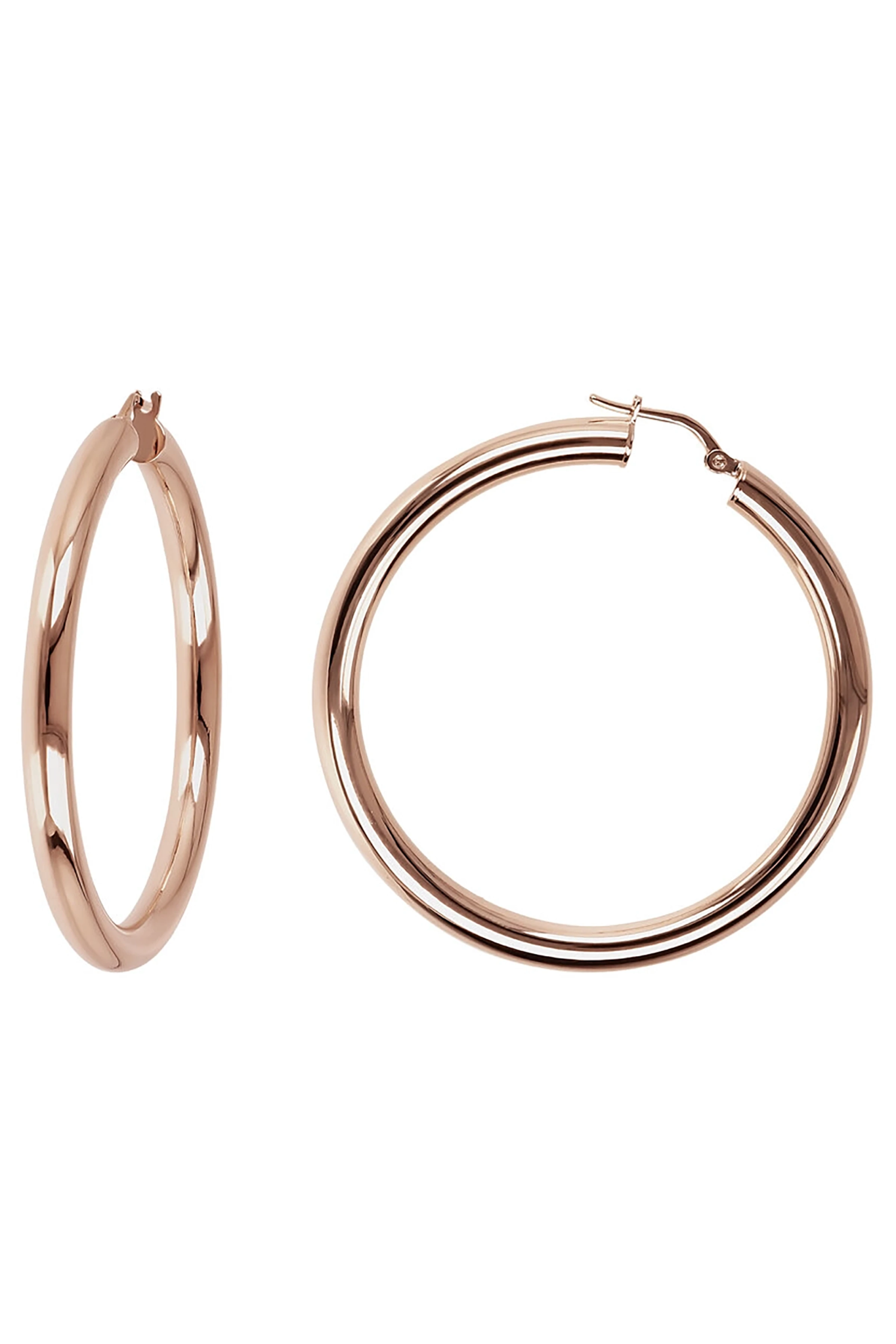 Milano Hanging Golden Rosé Hoop Earrings Front and Side View on a white background