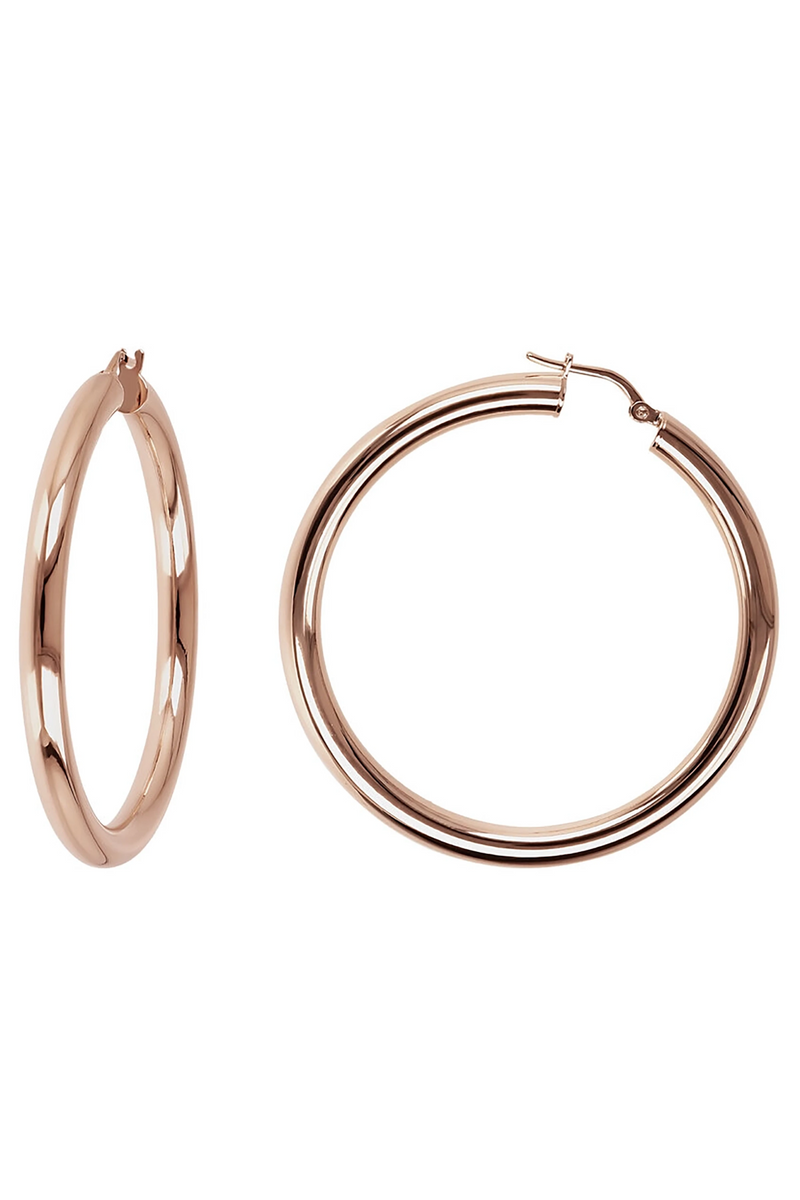 Milano Hanging Golden Rosé Hoop Earrings Front and Side View on a white background