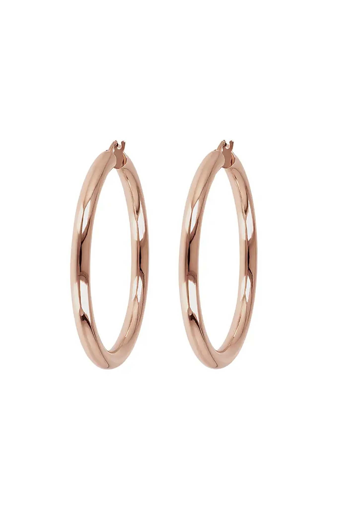 Front angled view of the Milano Hanging Golden Rosé Hoop Earrings showing width on white background