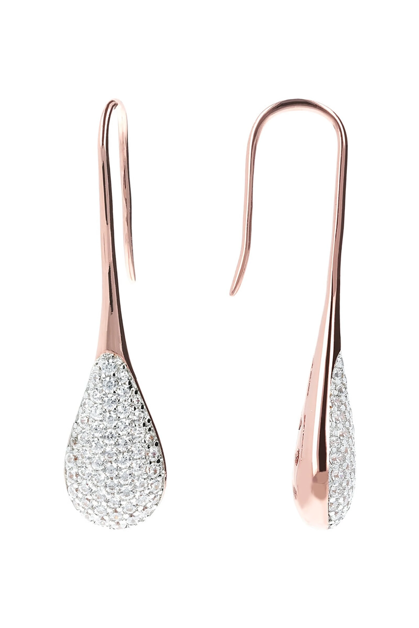 Milano Pavé Teardrop Pendant Golden Rosé Earrings front and side view on a white background- L'Atelier Global