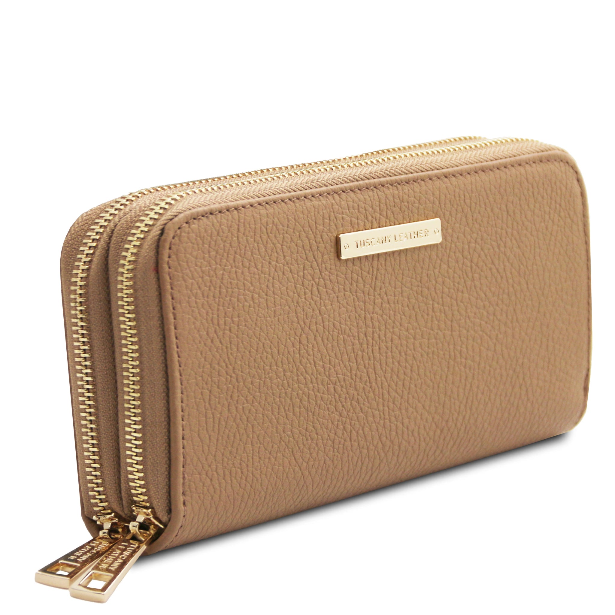 Front side view Mira Double Zip Around Italian Leather Wallet in champagne on a white background