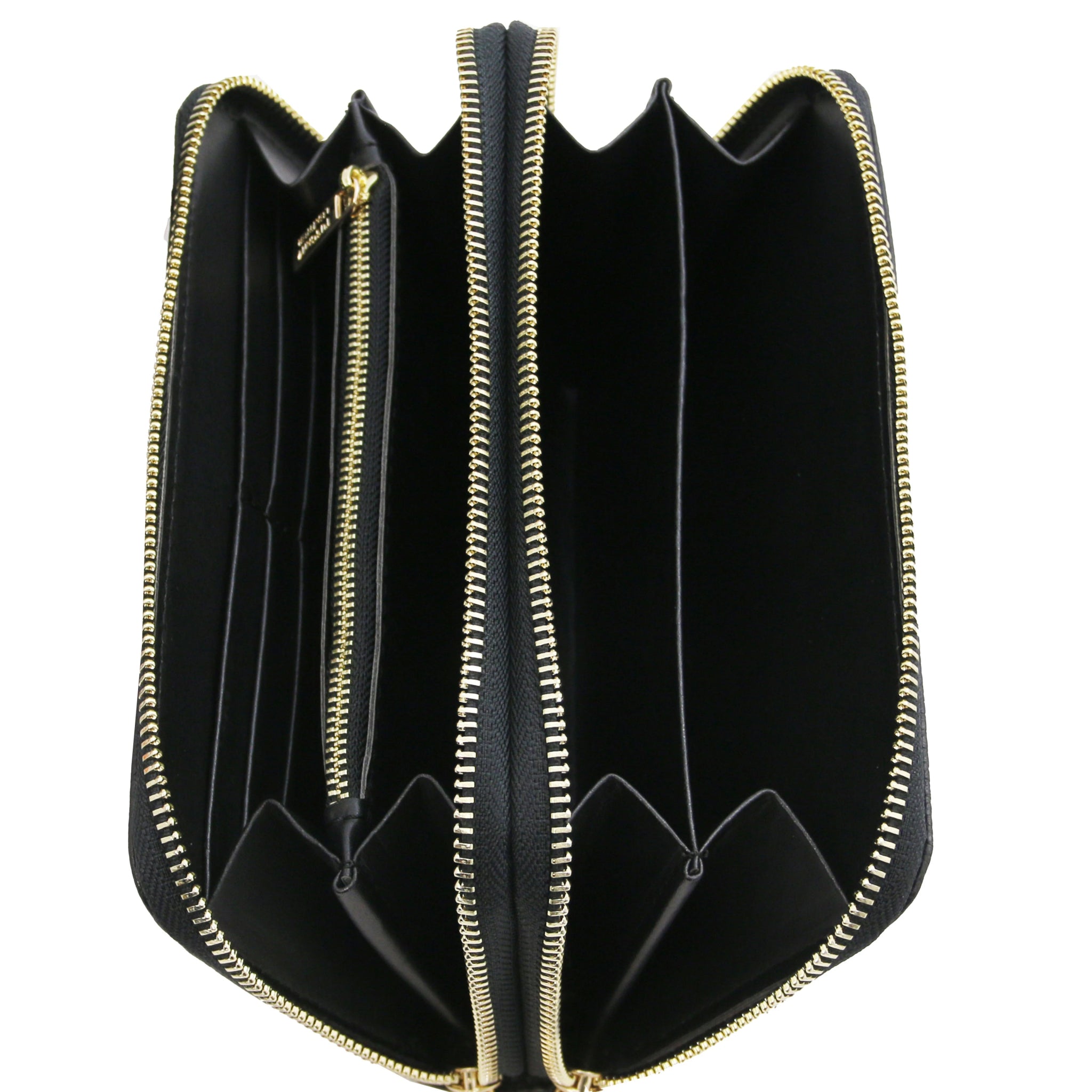 Top unzipped full interior view Mira Double Zip Around Italian Leather Wallet  in black on a white background