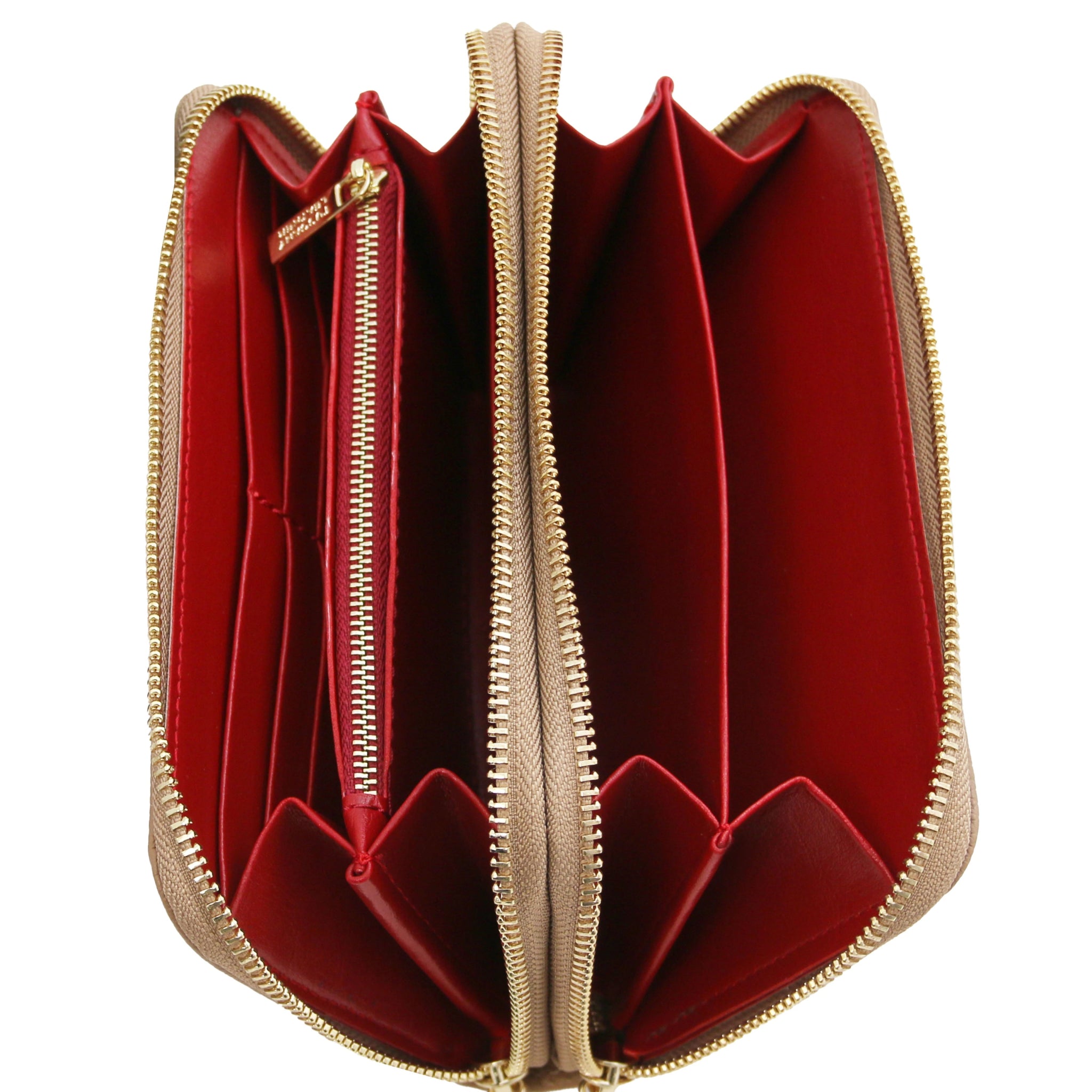 Top unzipped full interior view Mira Double Zip Around Italian Leather Wallet  in taupe on a white background, red interior