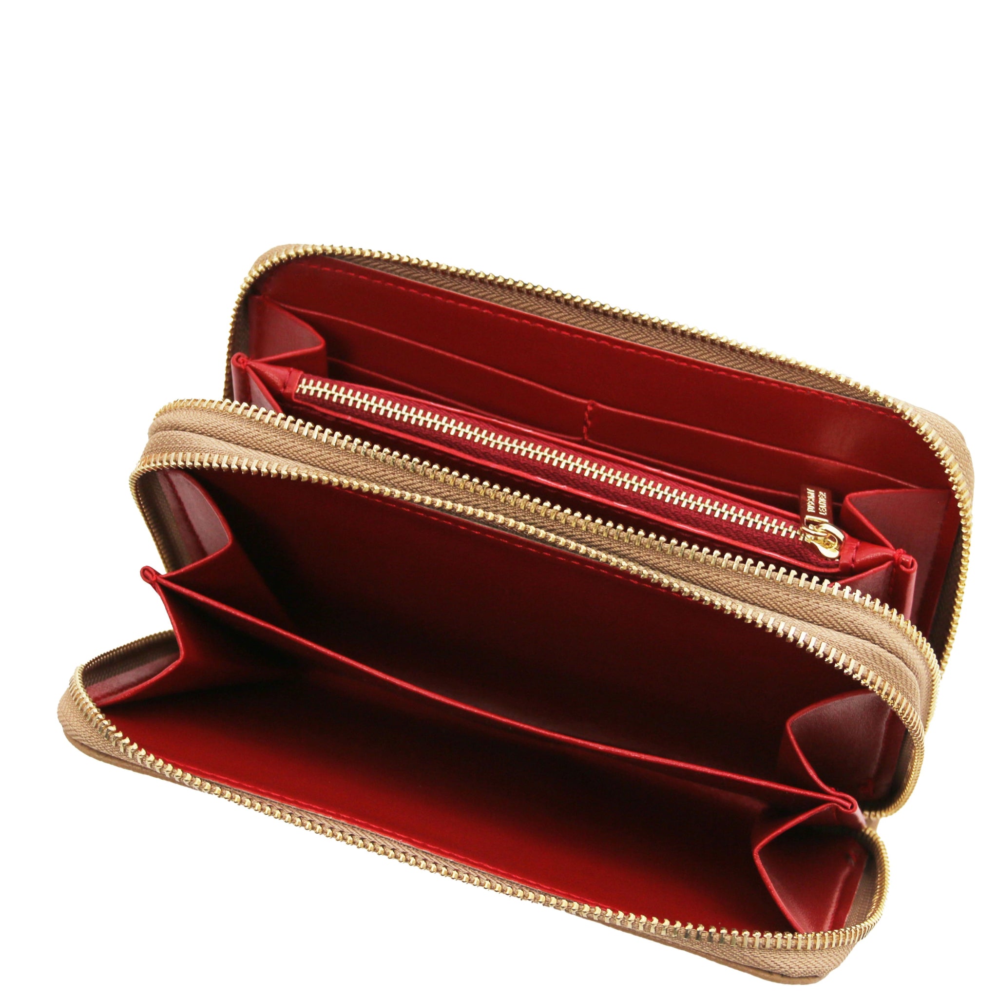 Top unzipped full interior view Mira Double Zip Around Italian Leather Wallet  in champagne on a white background