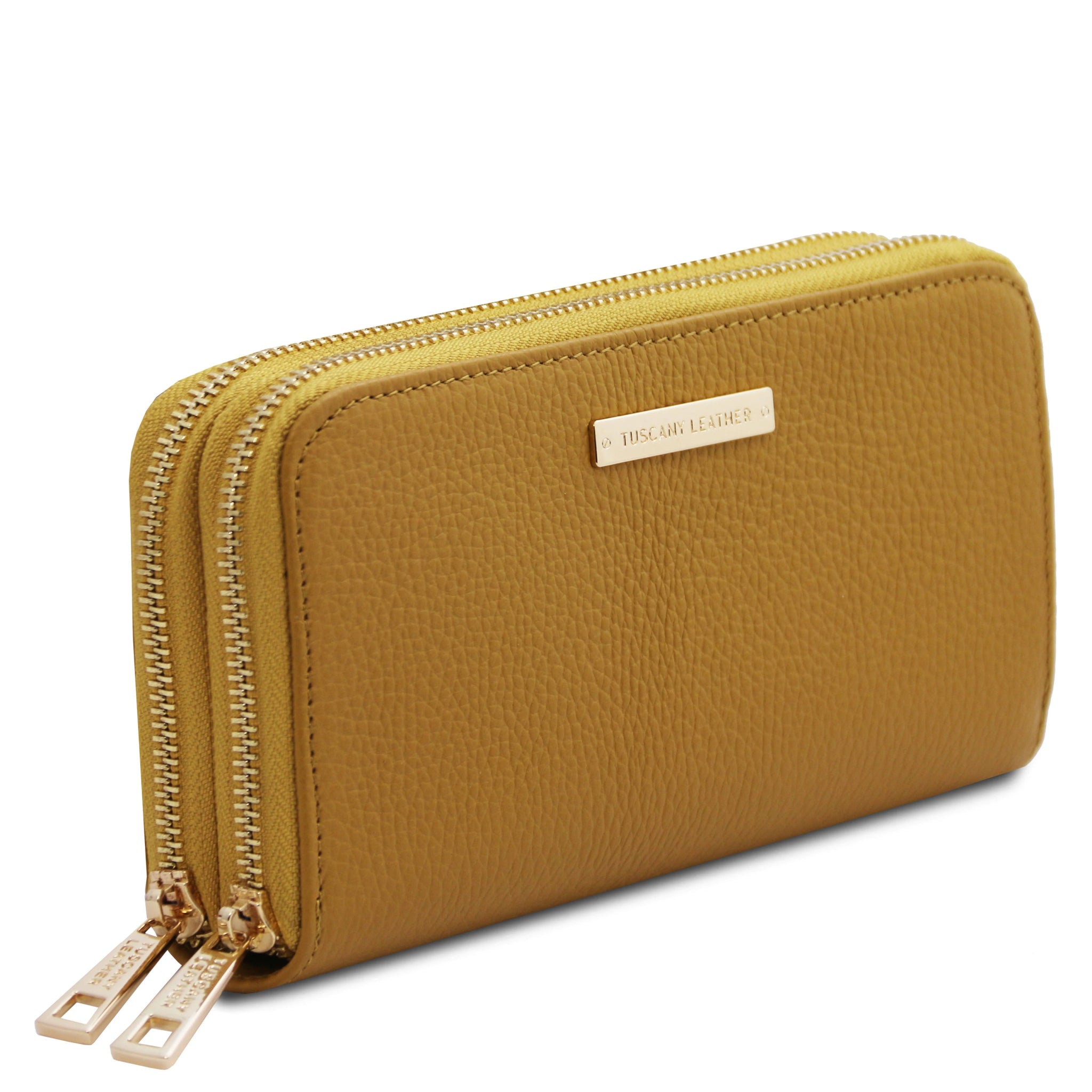 Front side view Mira Double Zip Around Italian Leather Wallet in mustard on a white background