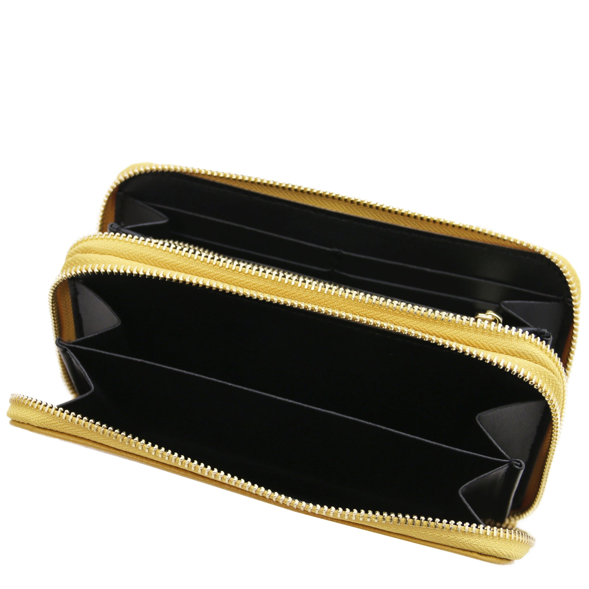 Top unzipped full interior view Mira Double Zip Around Italian Leather Wallet in mustard on a white background