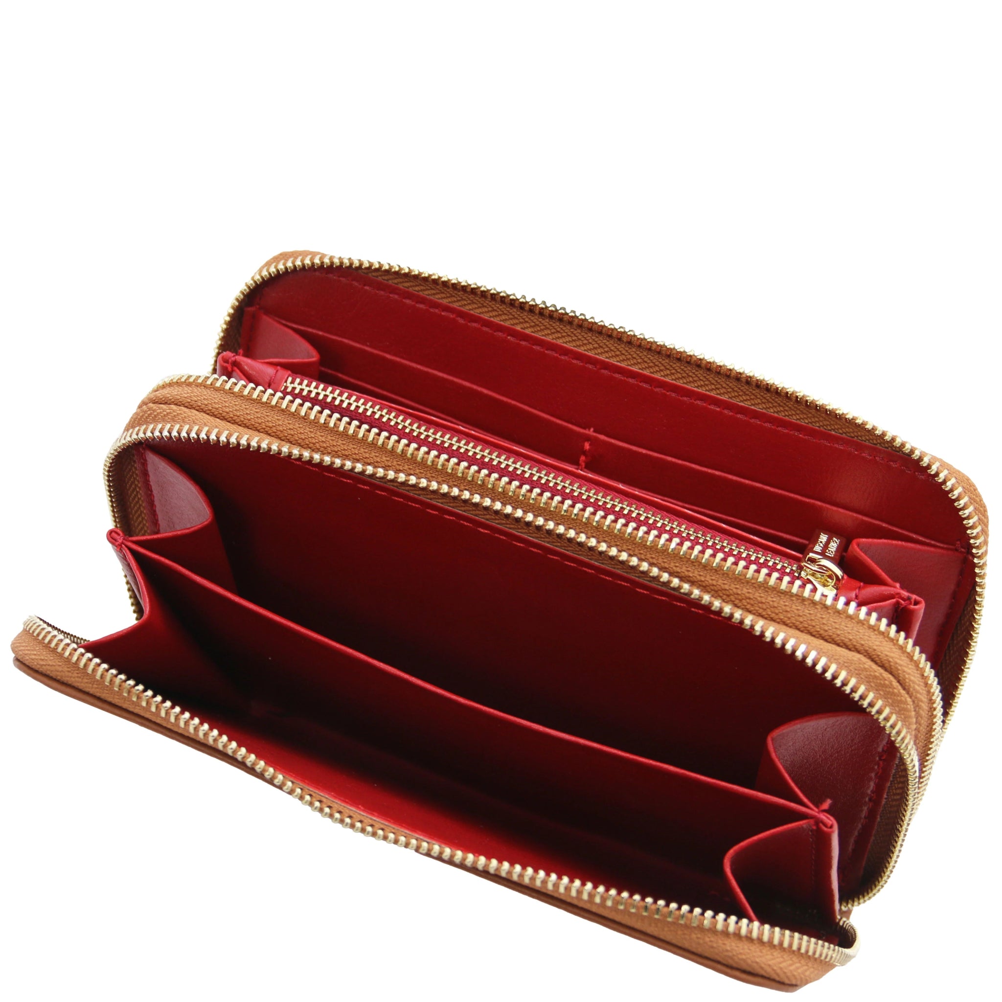 Top unzipped full interior view Mira Double Zip Around Italian Leather Wallet  in cognac on a white background