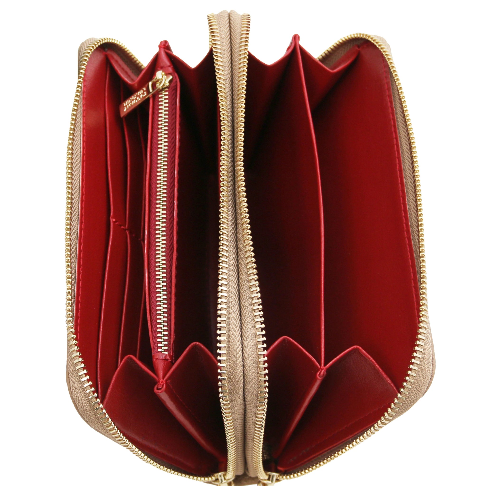 Top unzipped full interior view Mira Double Zip Around Italian Leather Wallet  in champagne on a white background, red interior