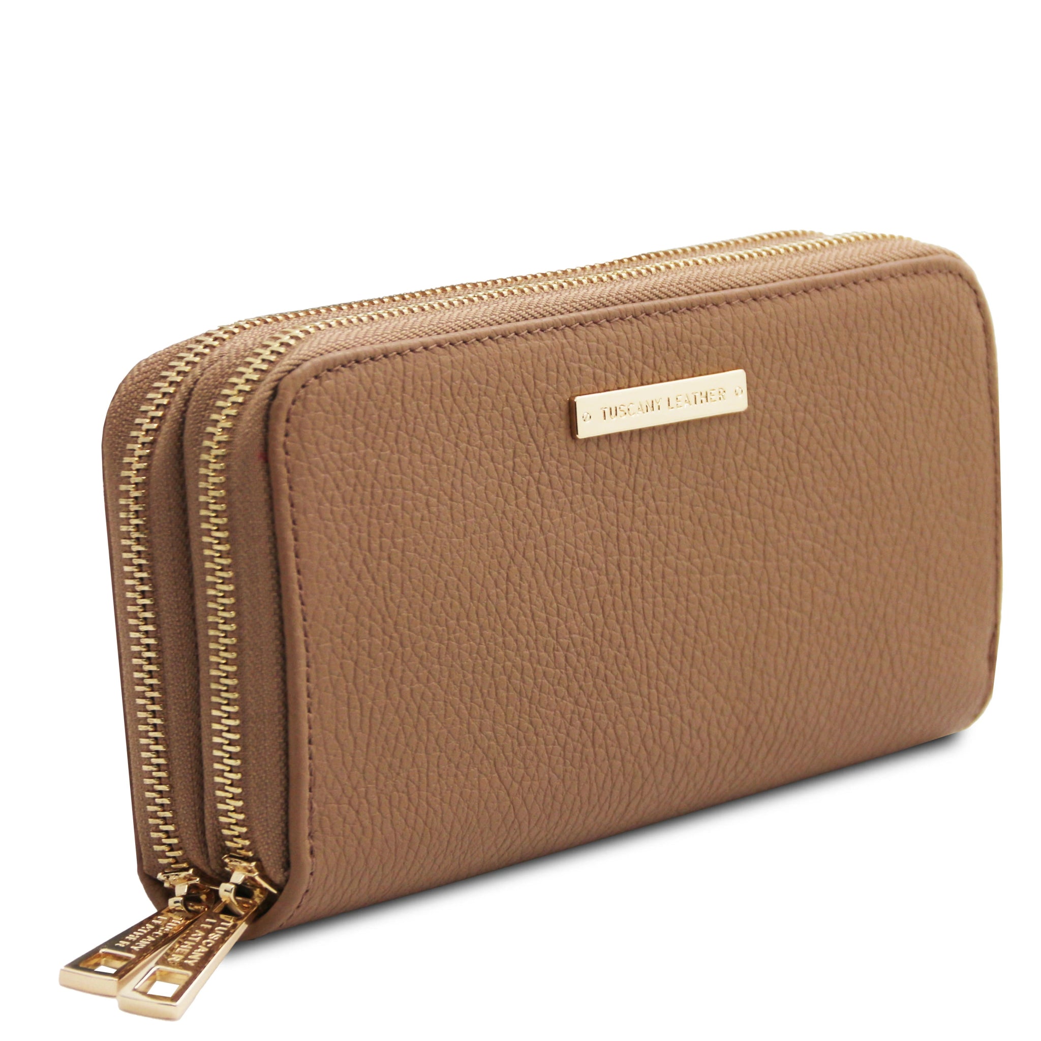 Front side view Mira Double Zip Around Italian Leather Wallet in taupe on a white background