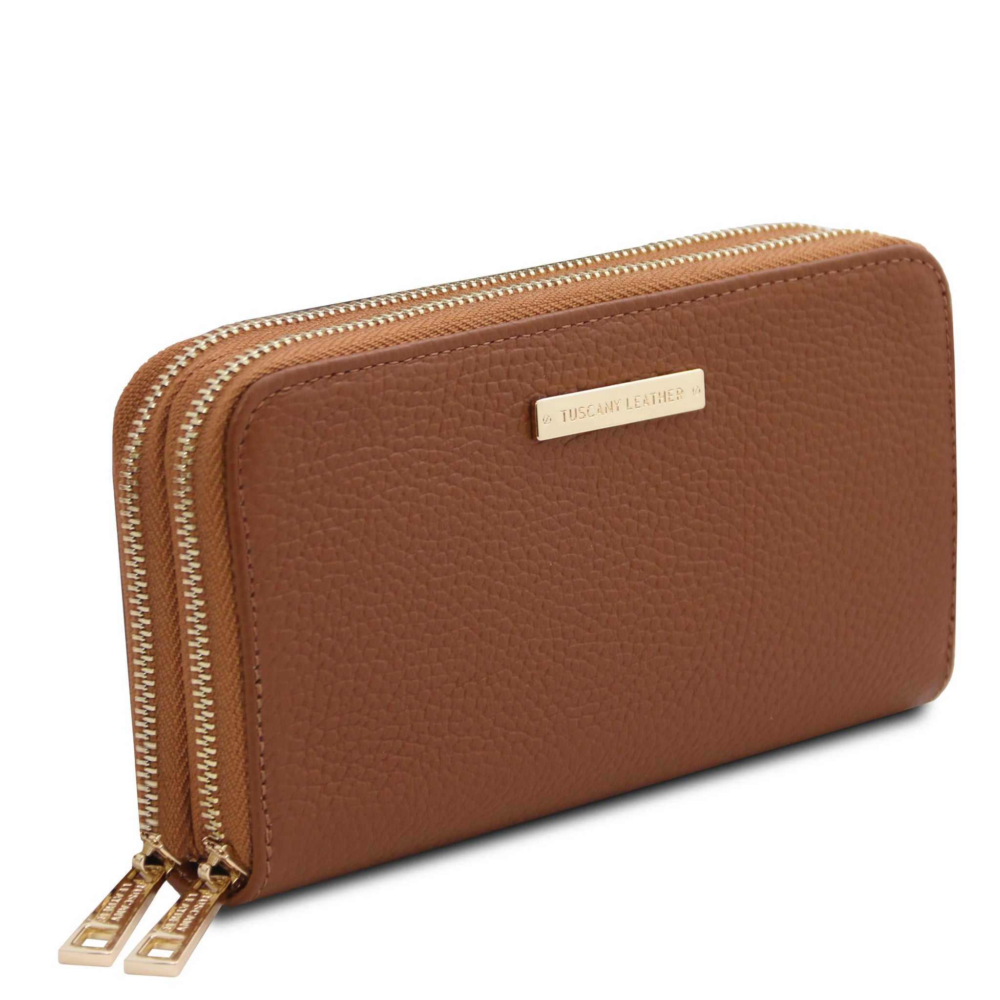 Front side view Mira Double Zip Around Italian Leather Wallet in cognac on a white background