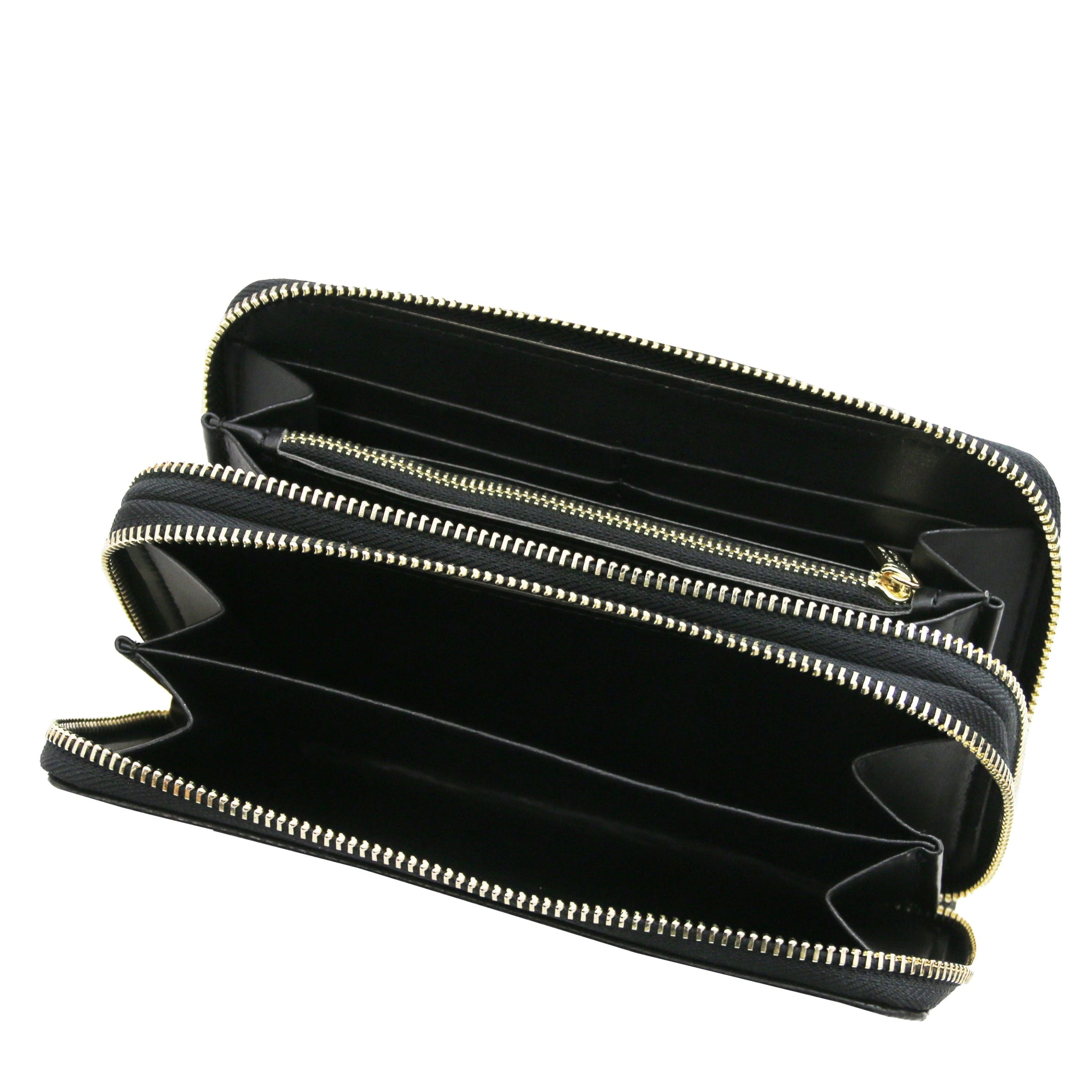 Top unzipped full interior view Mira Double Zip Around Italian Leather Wallet  in black on a white background