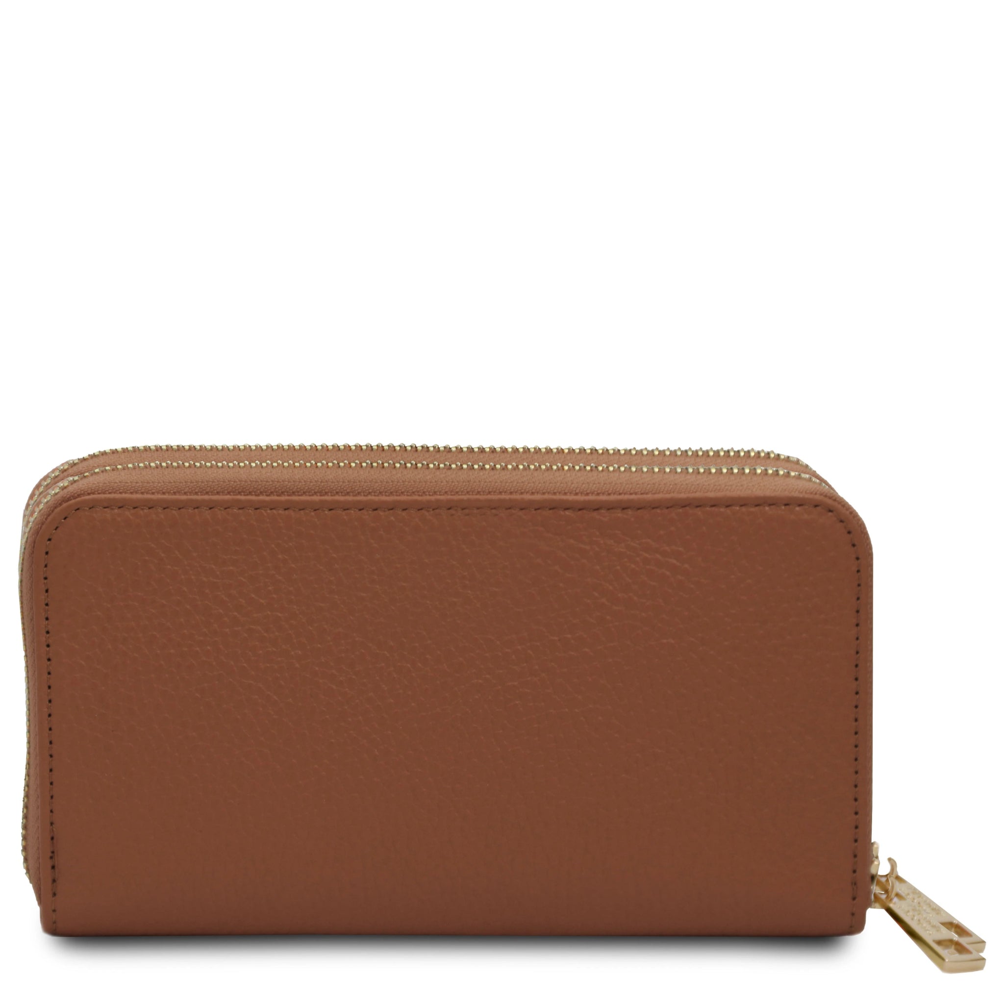 Back view Mira Double Zip Around Italian Leather Wallet in cognac on a white background