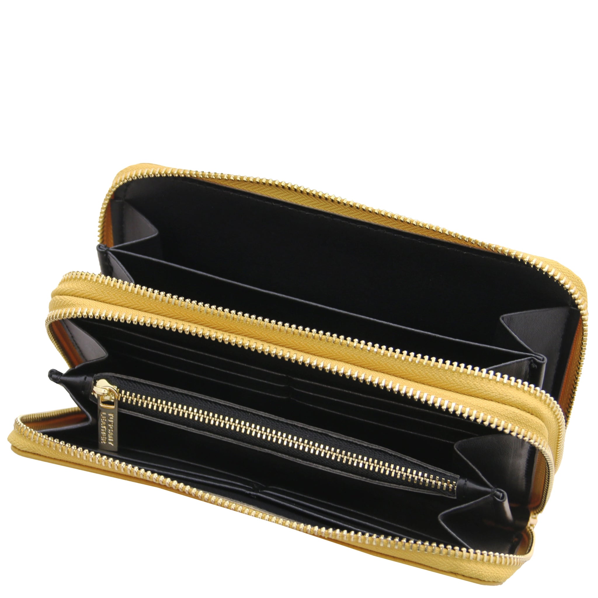 Top unzipped full interior view Mira Double Zip Around Italian Leather Wallet  in mustard on a white background