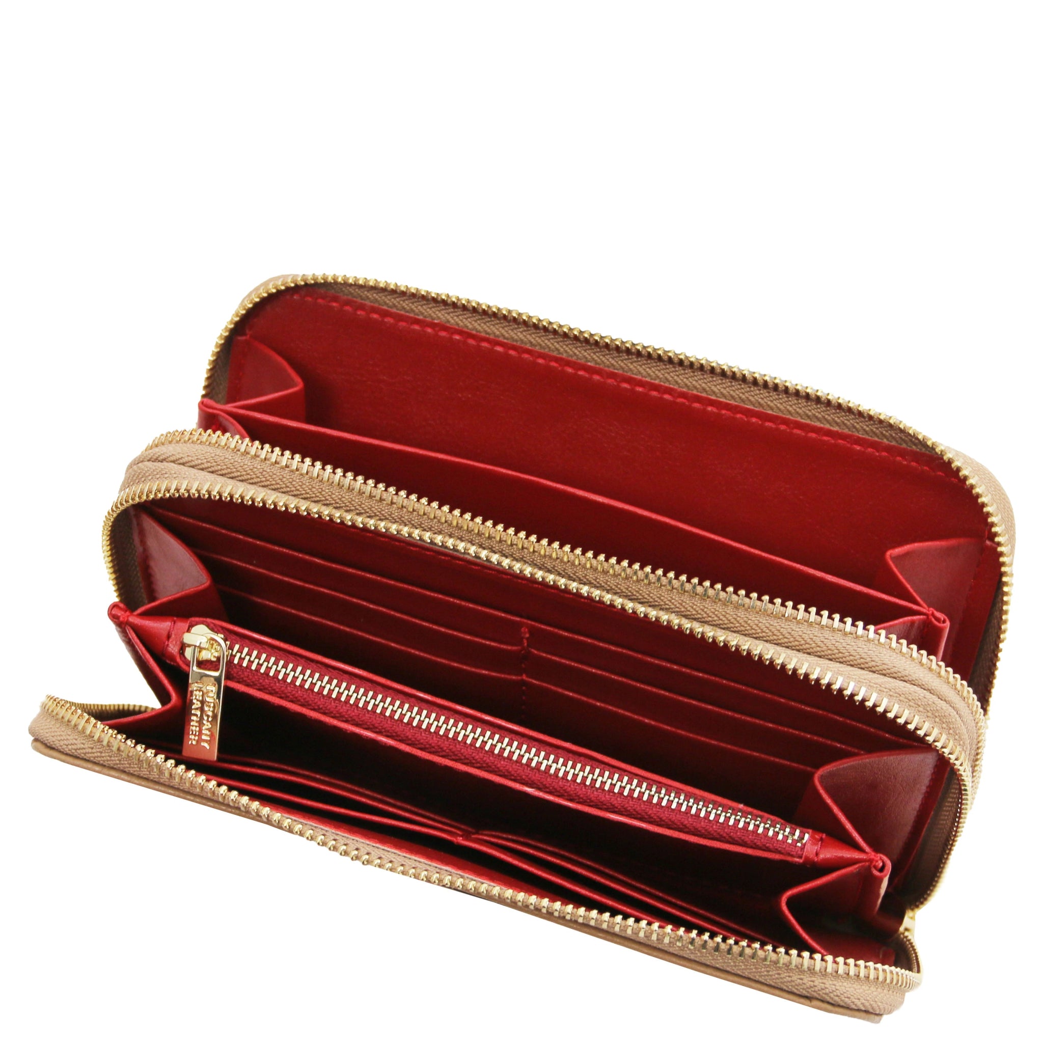Top unzipped full interior view Mira Double Zip Around Italian Leather Wallet  in champagne on a white background