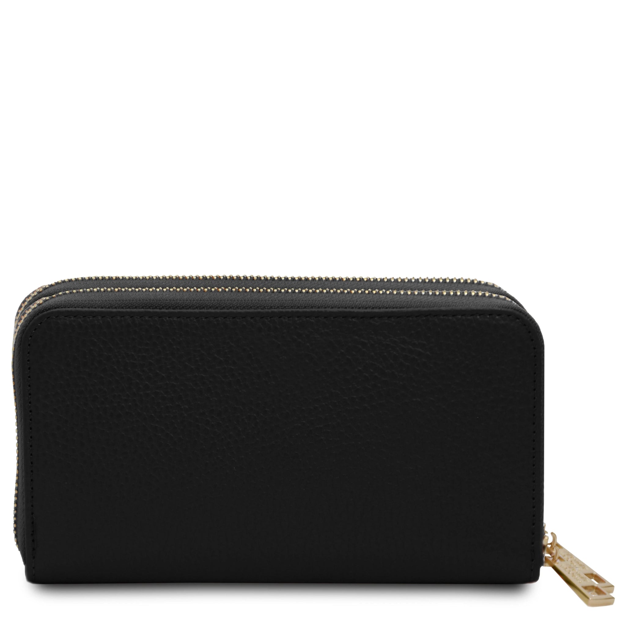 Back view Mira Double Zip Around Italian Leather Wallet in black on a white background