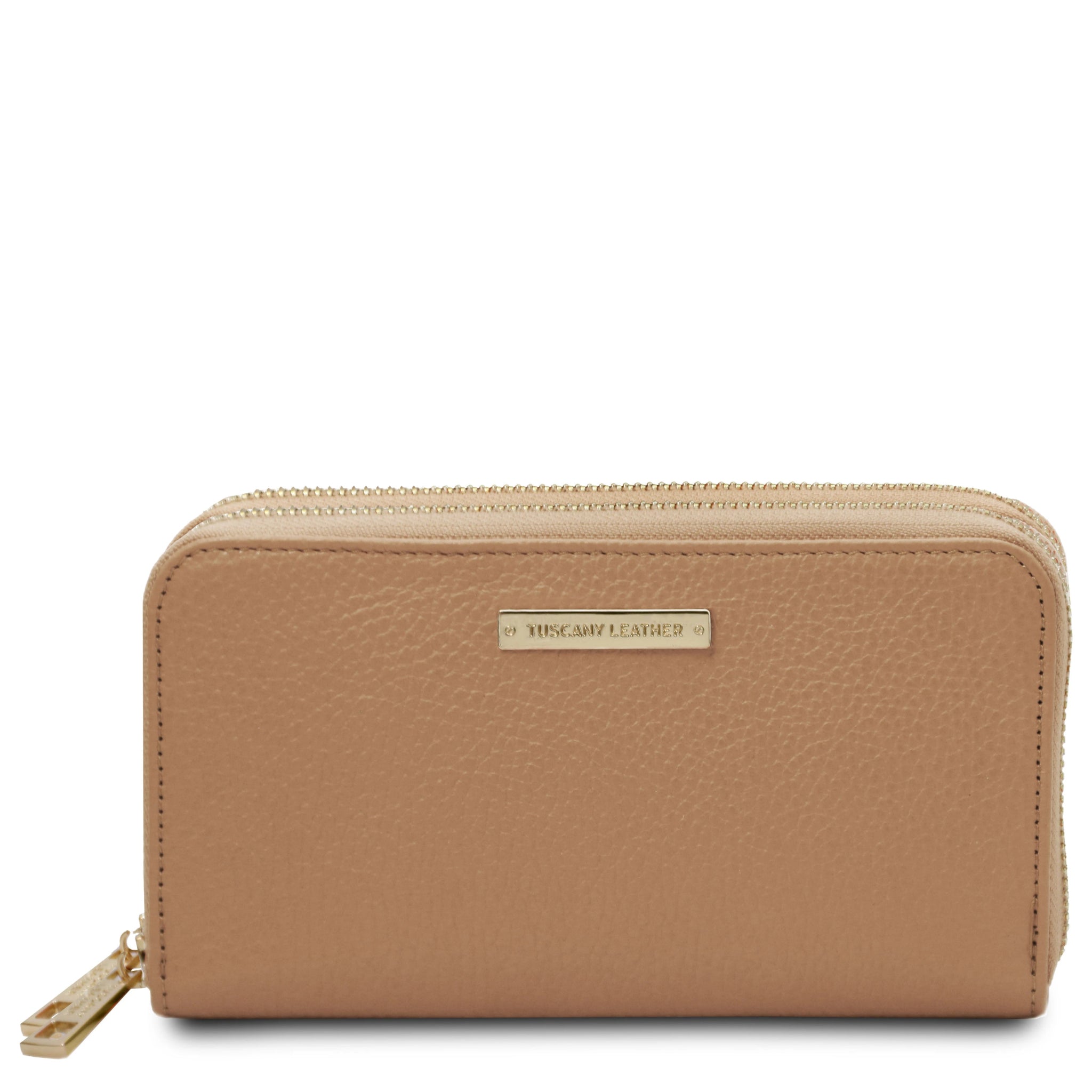 Front view Mira Double Zip Around Italian Leather Wallet in champagne on a white background