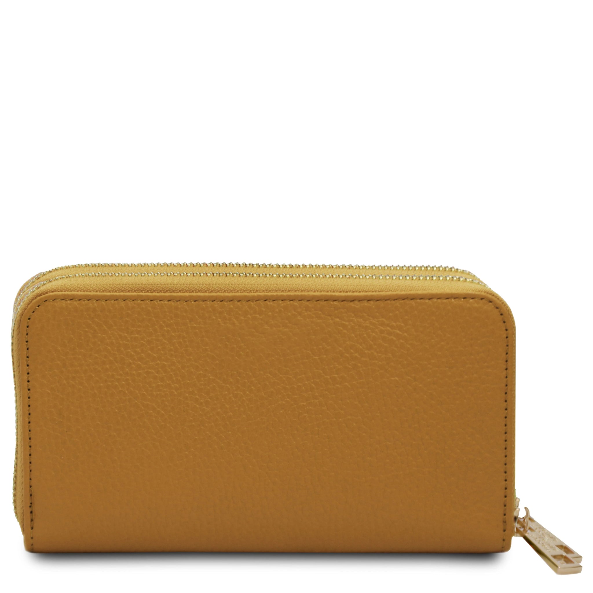 Back view Mira Double Zip Around Italian Leather Wallet in mustard on a white background