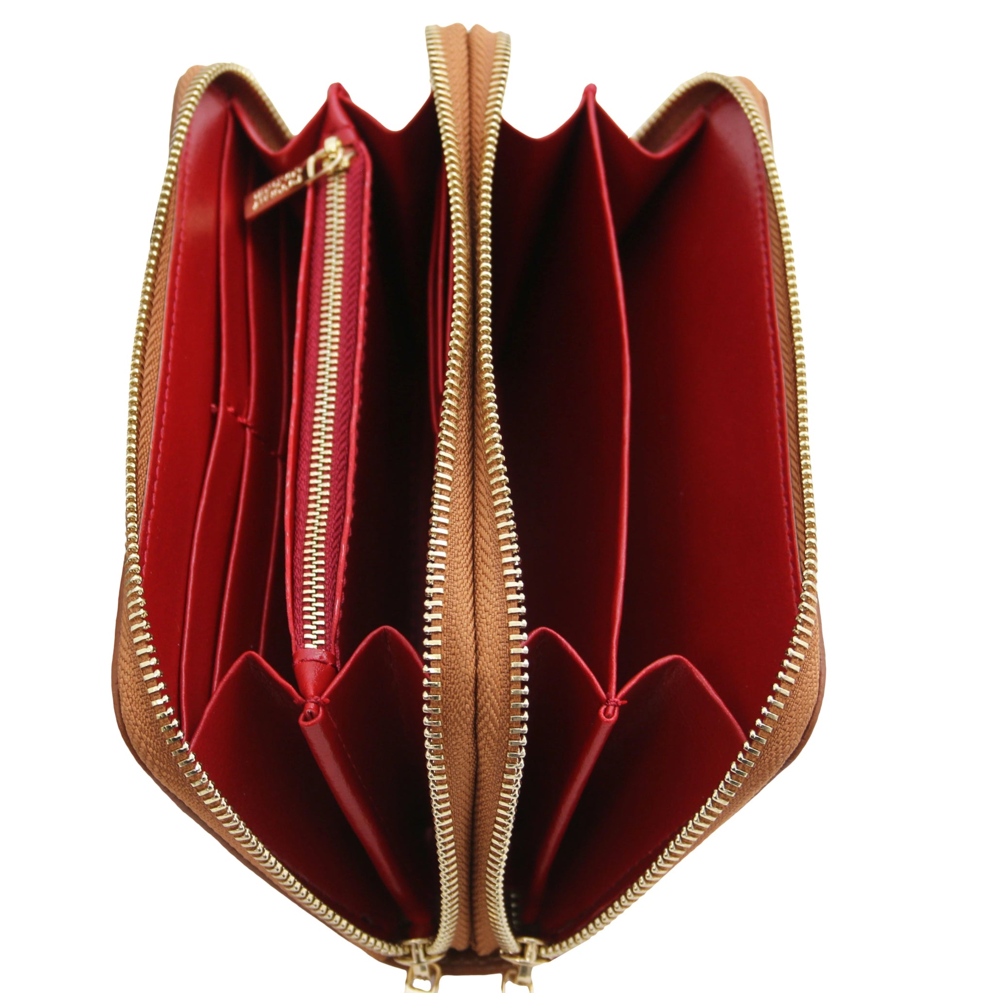 Top unzipped full interior view Mira Double Zip Around Italian Leather Wallet  in cognac on a white background, red interior