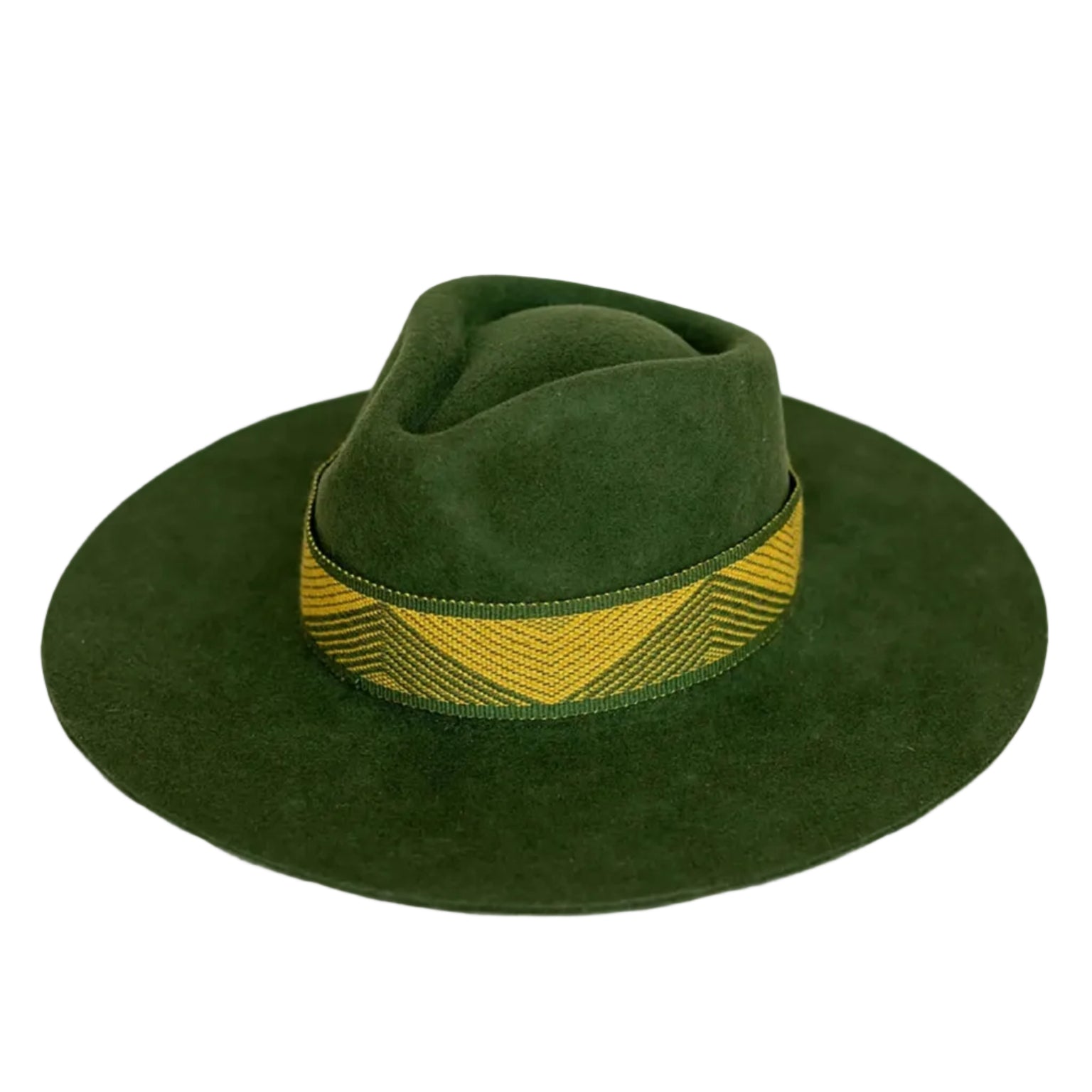 A dark green felt wide-brim hat with a yellow and green patterned band, shown against a plain white background.