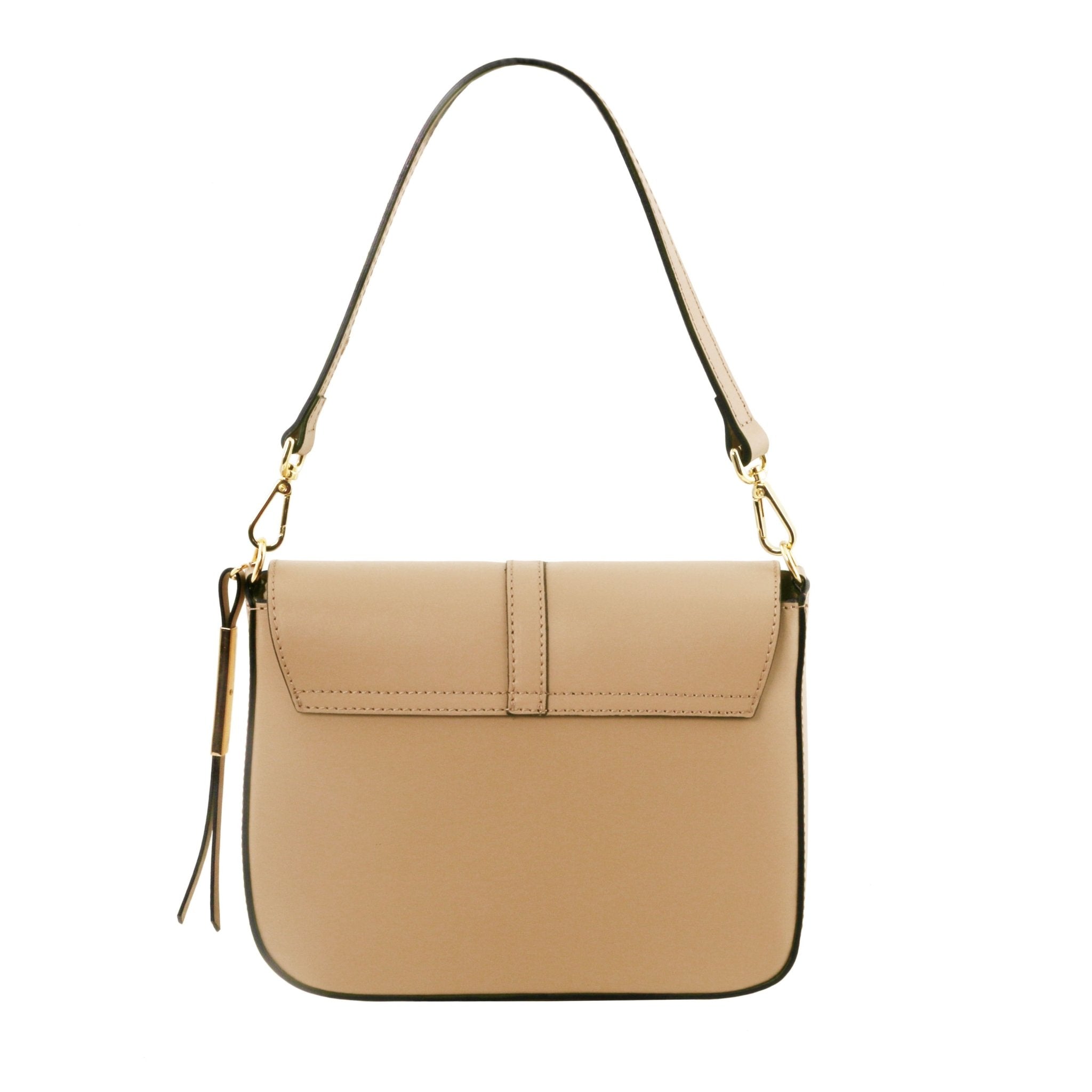 Front View Nausica Leather Shoulder Bag in Champagne showing detachable handle and front flap magnetic button closure