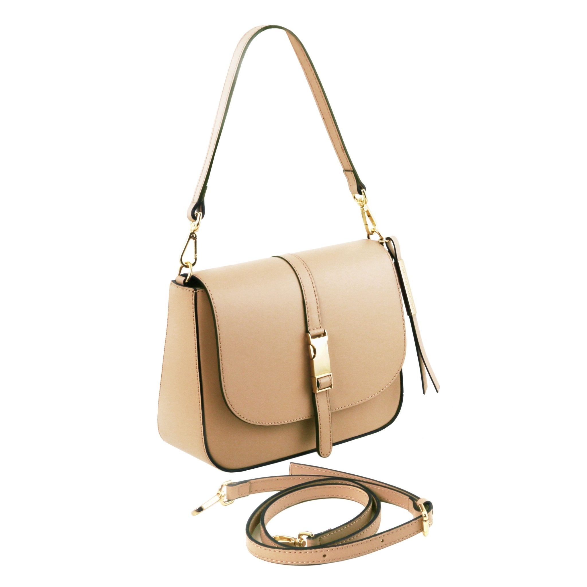 Front View Nausica Leather Shoulder Bag in Champagne showing removable handle and adjustable, detachable crossbody strap.
