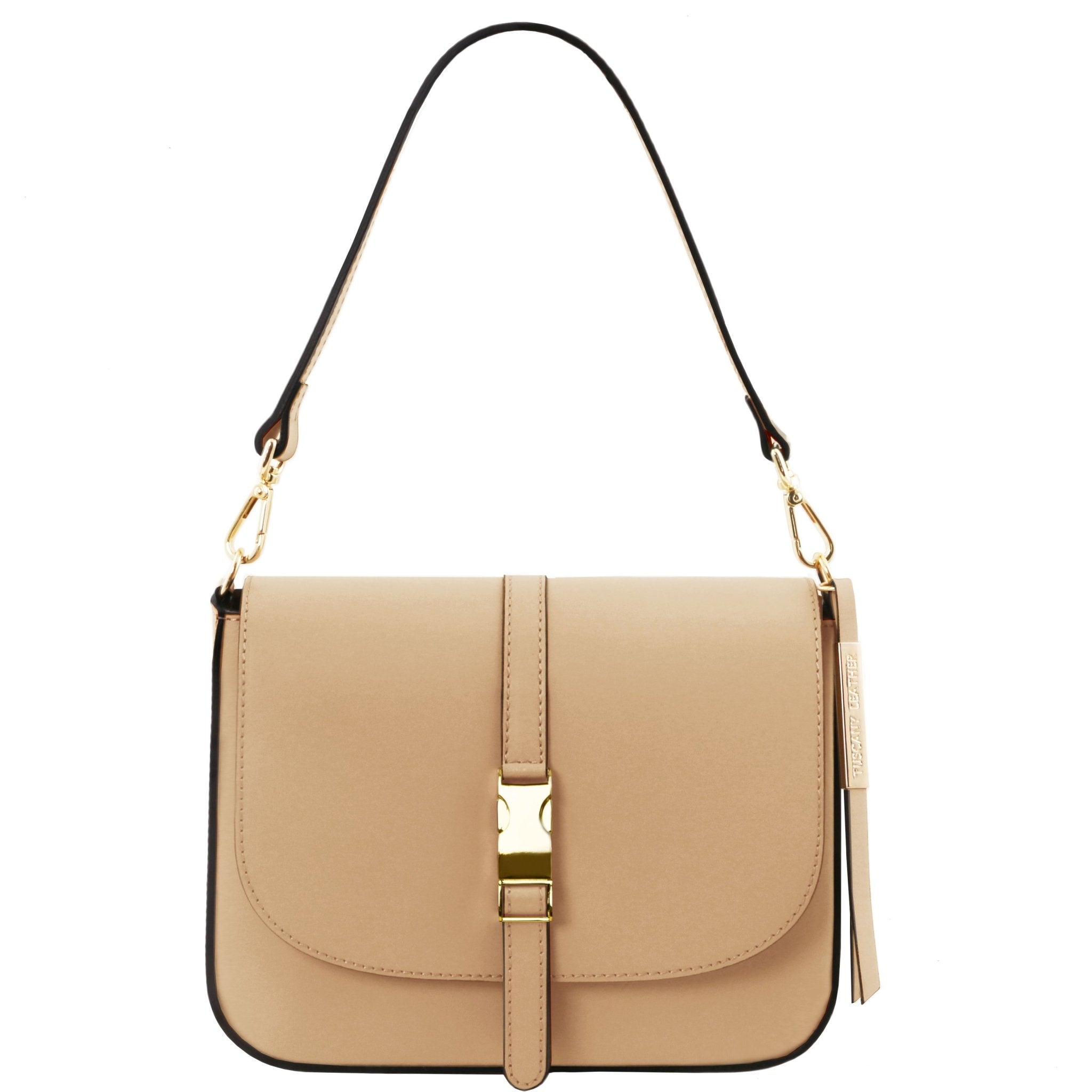 Front View Nausica Leather Shoulder Bag in Champagne showing detachable handle golden hardware