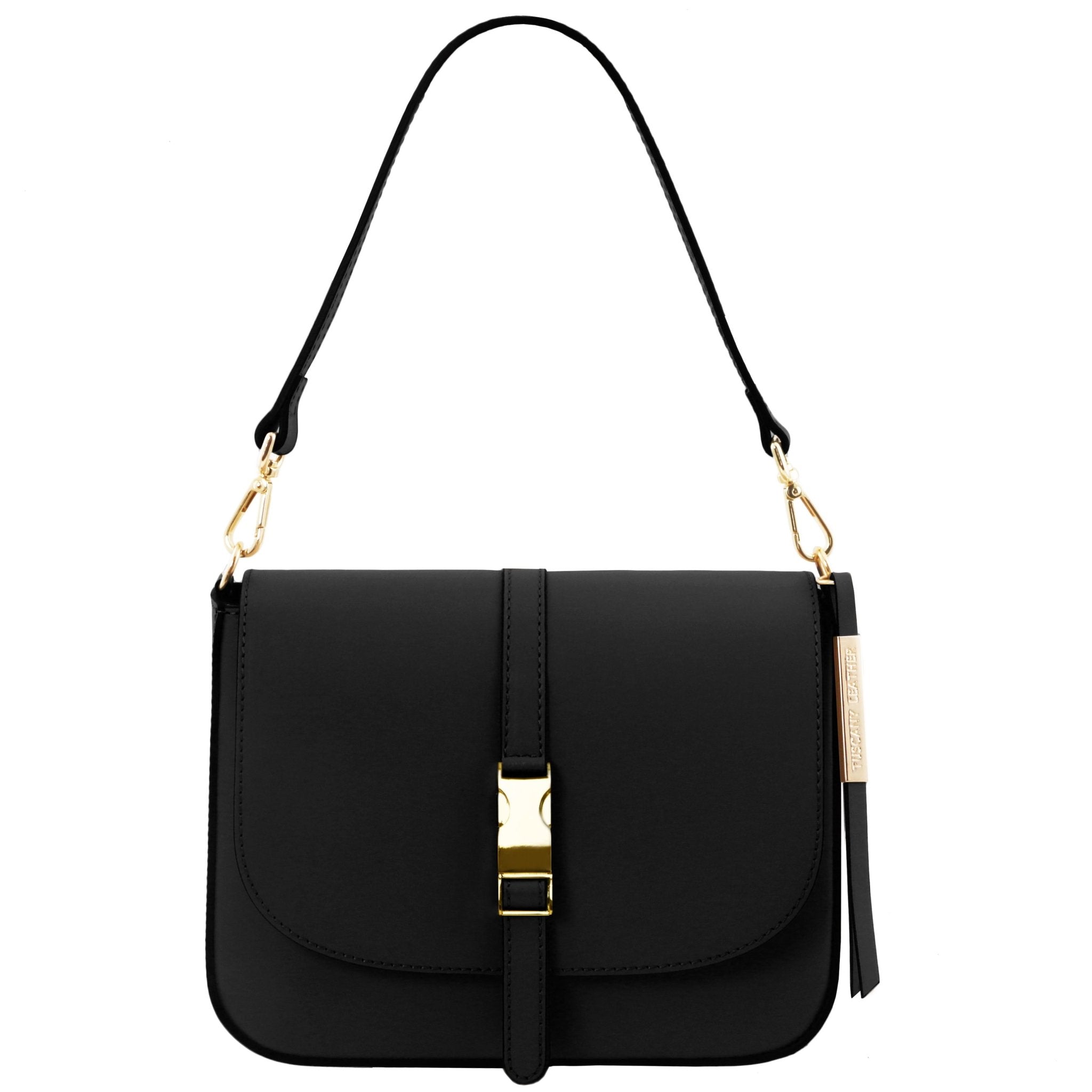Front View Nausica Leather Shoulder Bag in Black showing detachable handle golden hardware