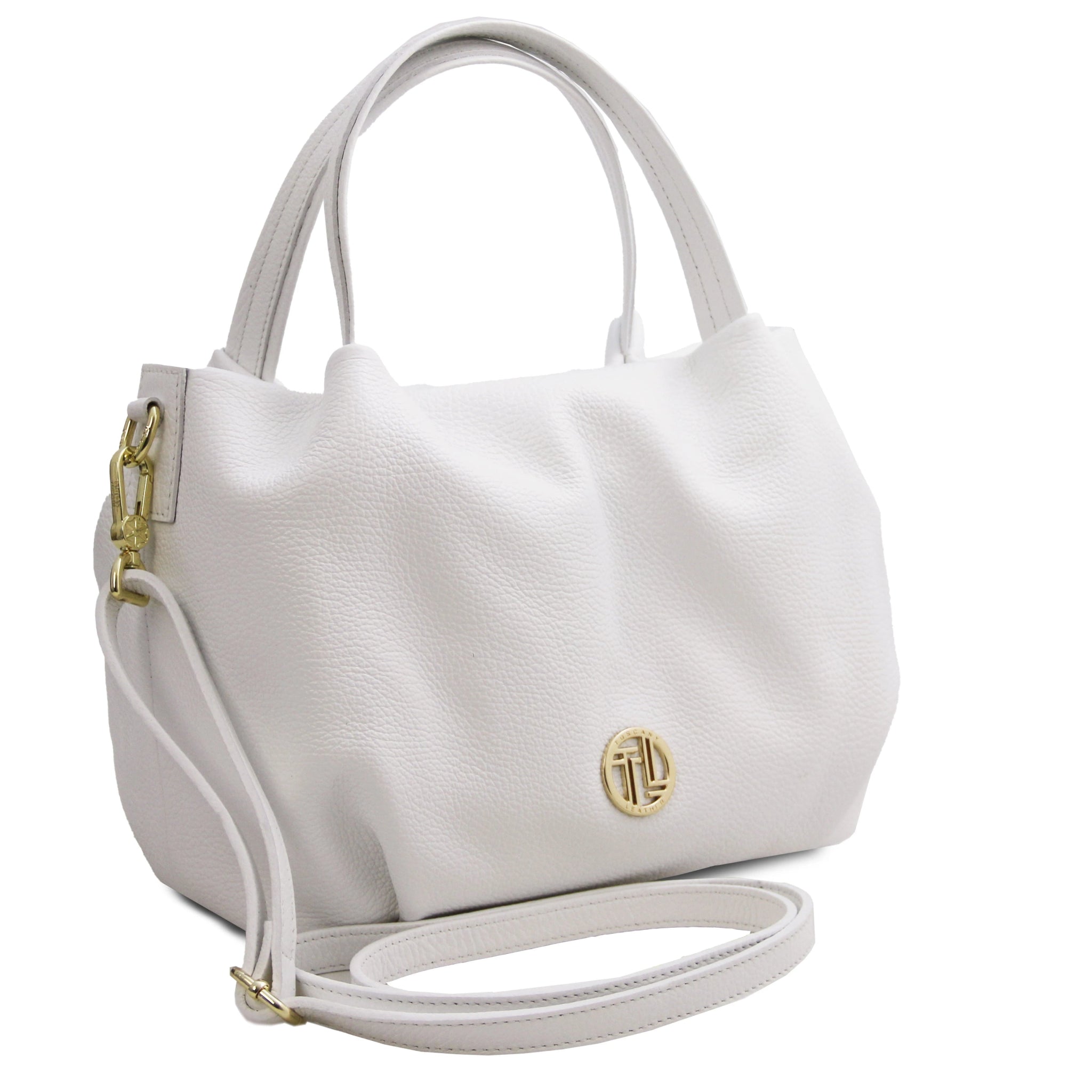 Front view Nora Soft Italian Leather Shoulder Bag White showing gold front logo, handle and adjustable shoulder strap