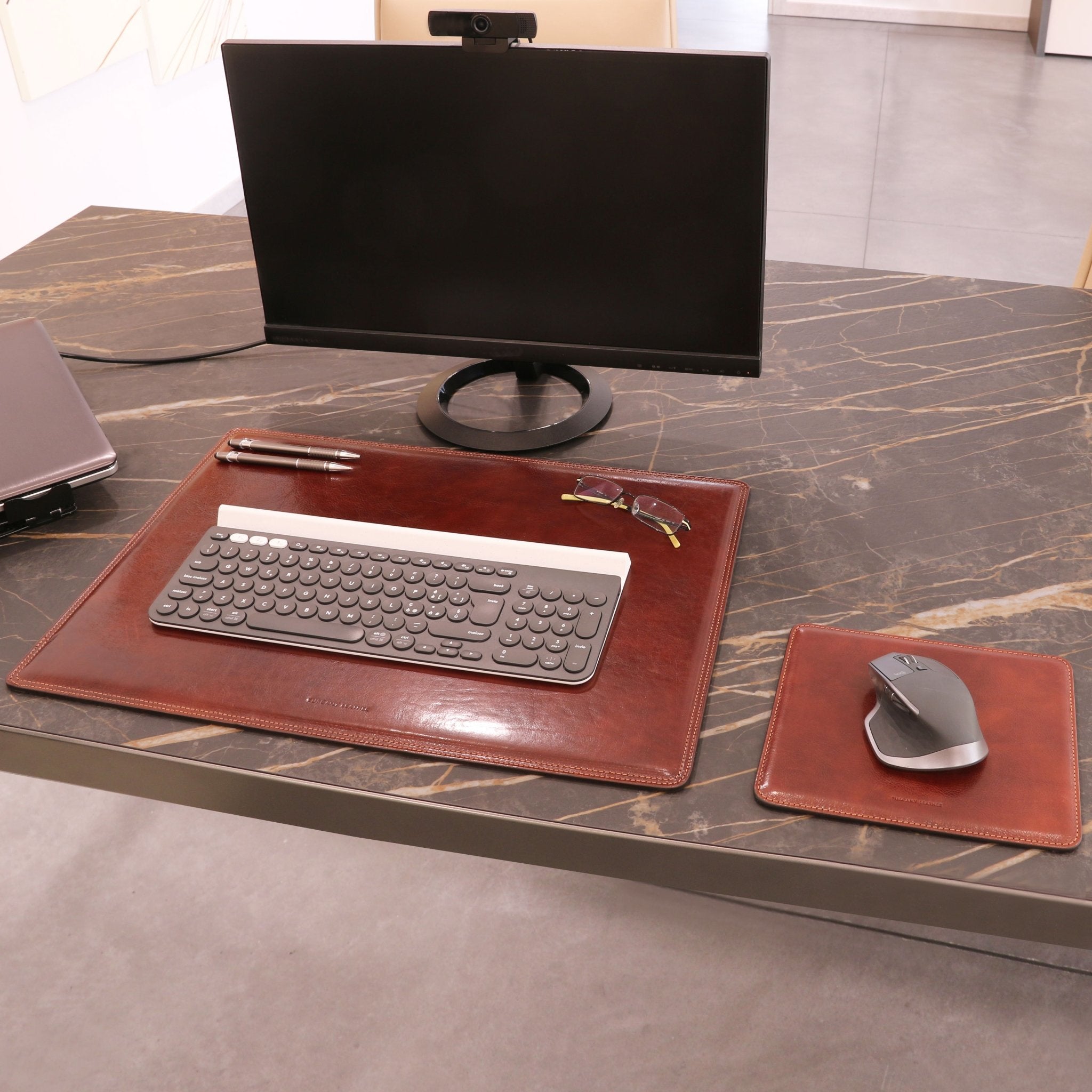 Office view if the Office Set Italian Leather Desk Pad and Mouse Pad in brown on a white background - L'Atelier Global