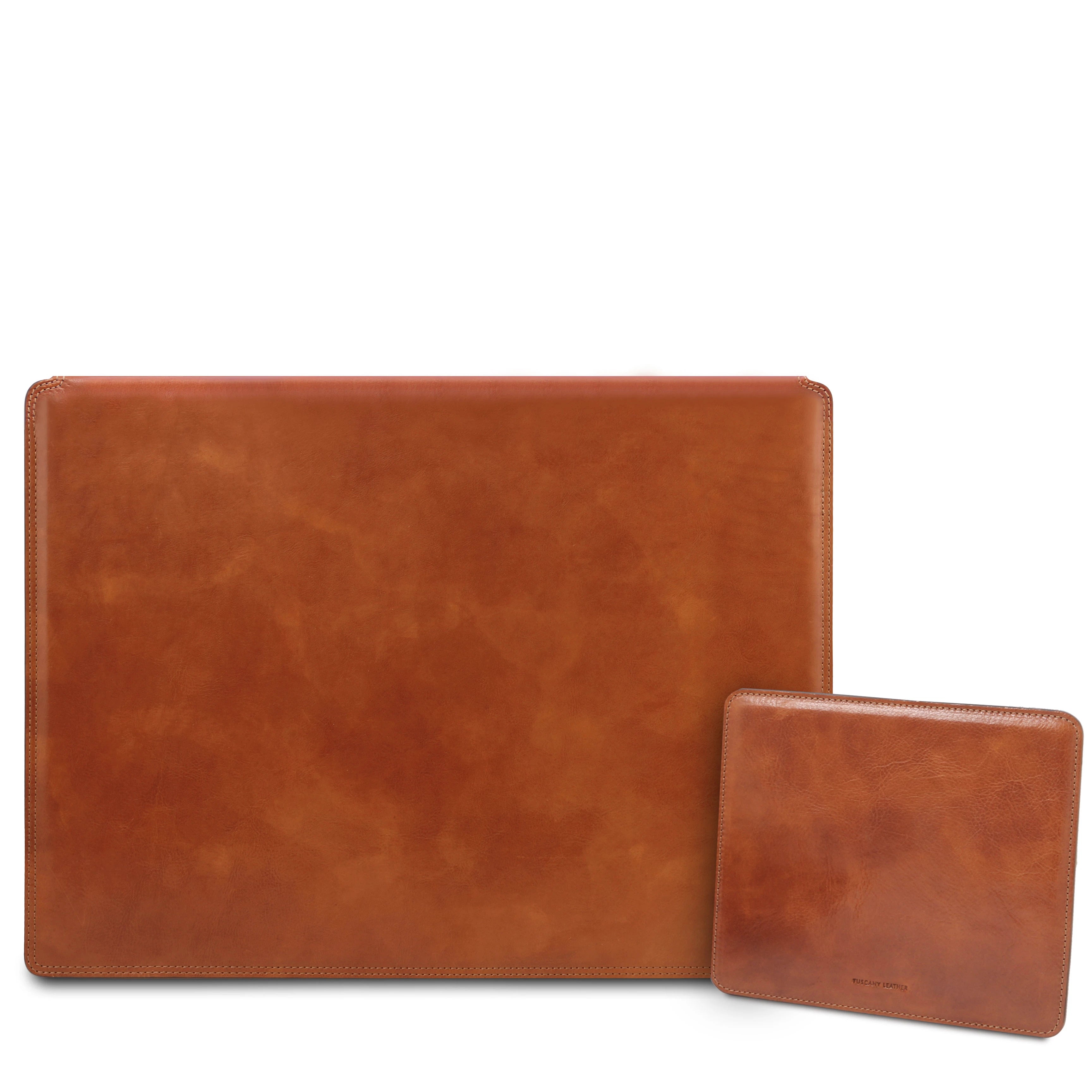 Office Set Leather Desk Pad with Inner Compartment and Mouse Pad in Honey on white background