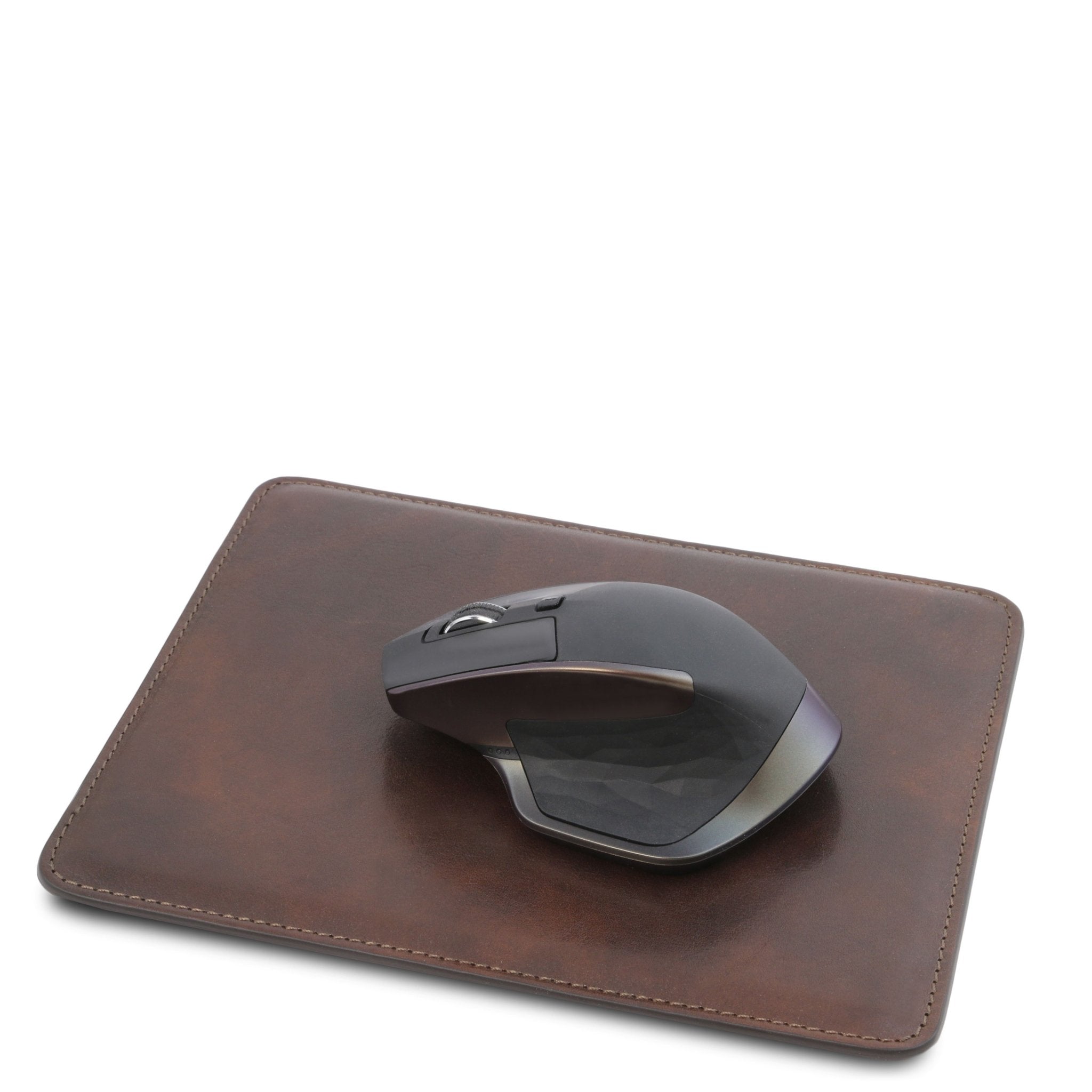 Office Set Leather Mouse Pad in dark brown with black and silver mouse set on top