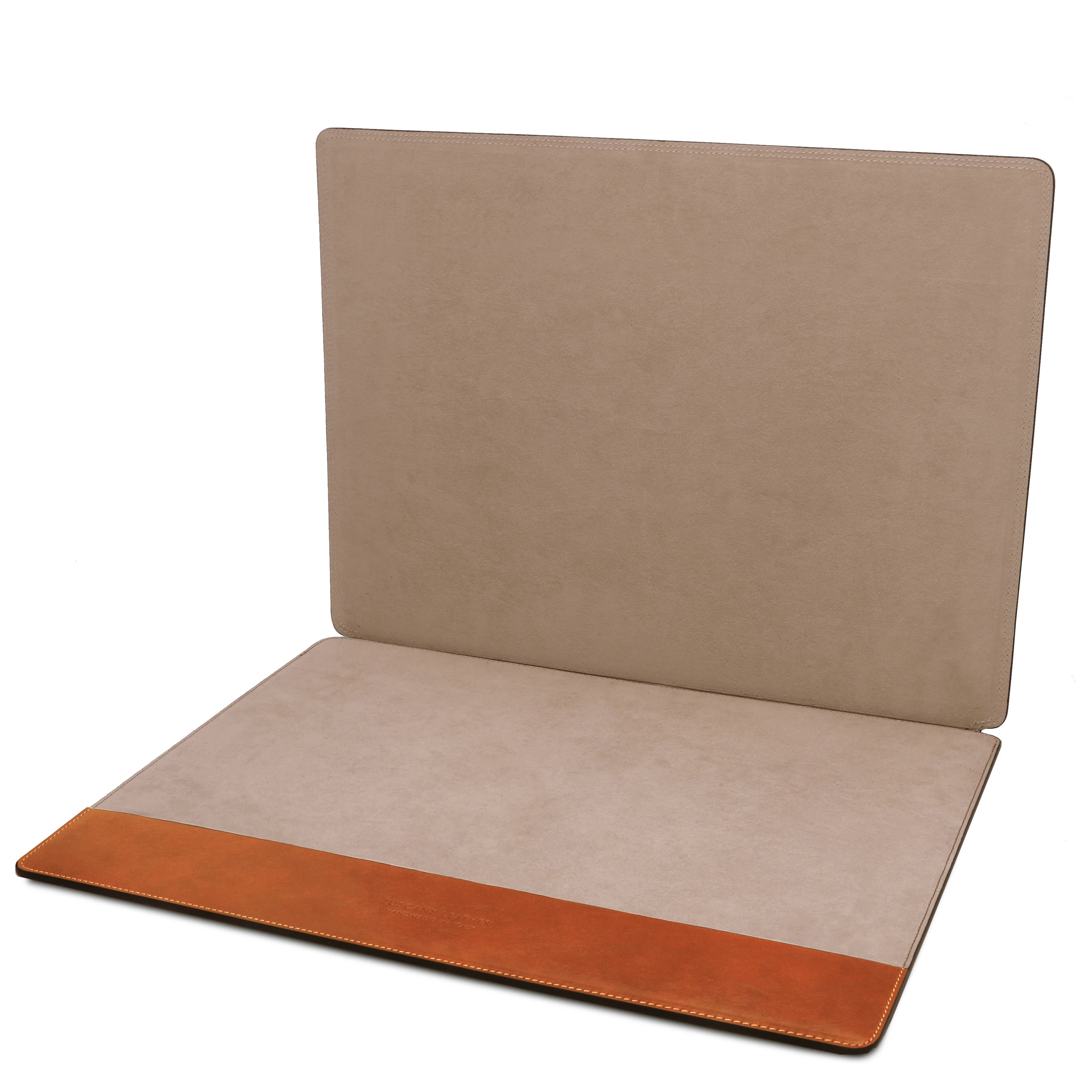 Office Set Leather Desk Pad with Inner Compartment in honey showing suede inner compartment opened on white background