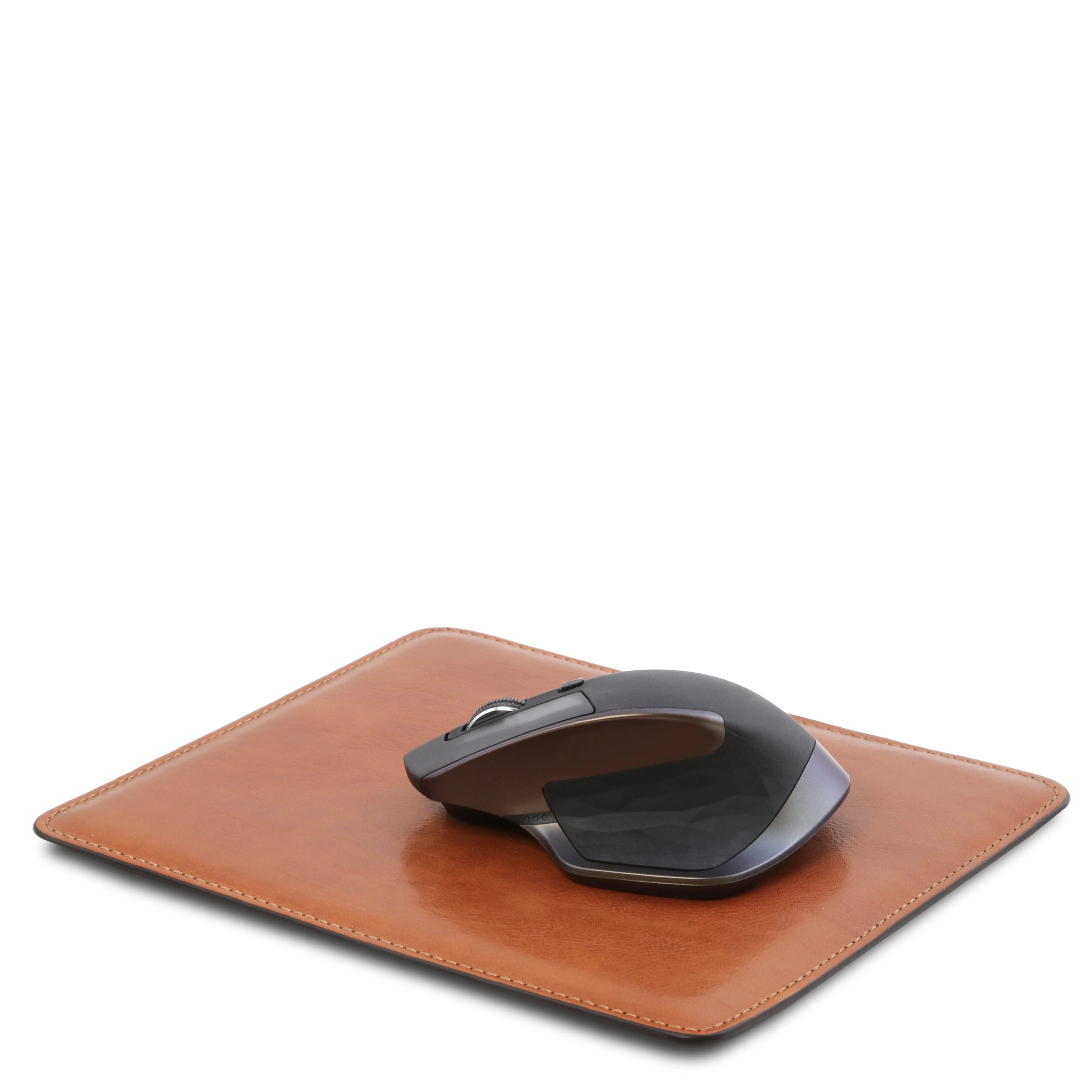 Office Set Leather Mouse Pad in honey with black and silver mouse set on top