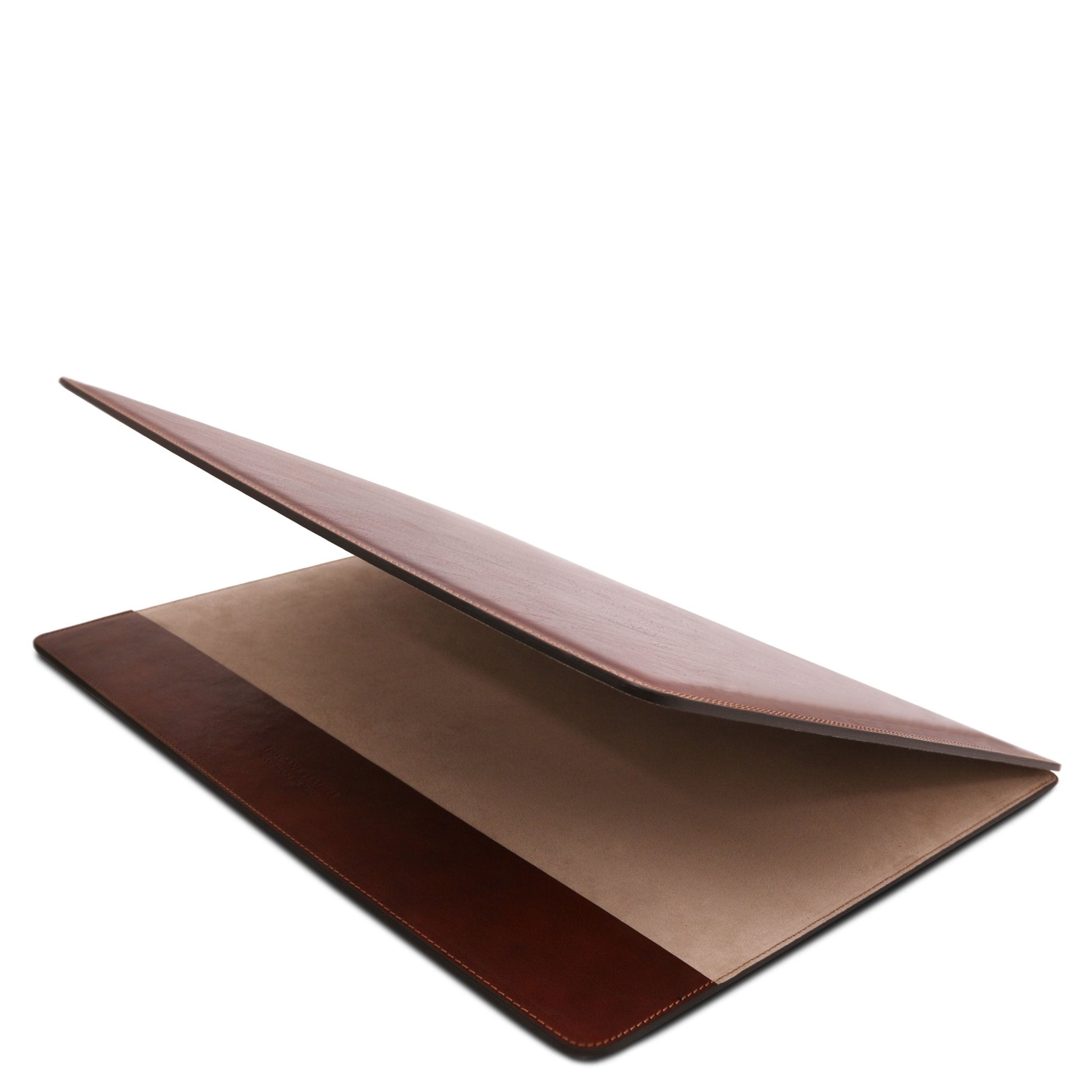 Office Set Leather Desk Pad with Inner Compartment in dark brown partly closed, showing suede inner compartment